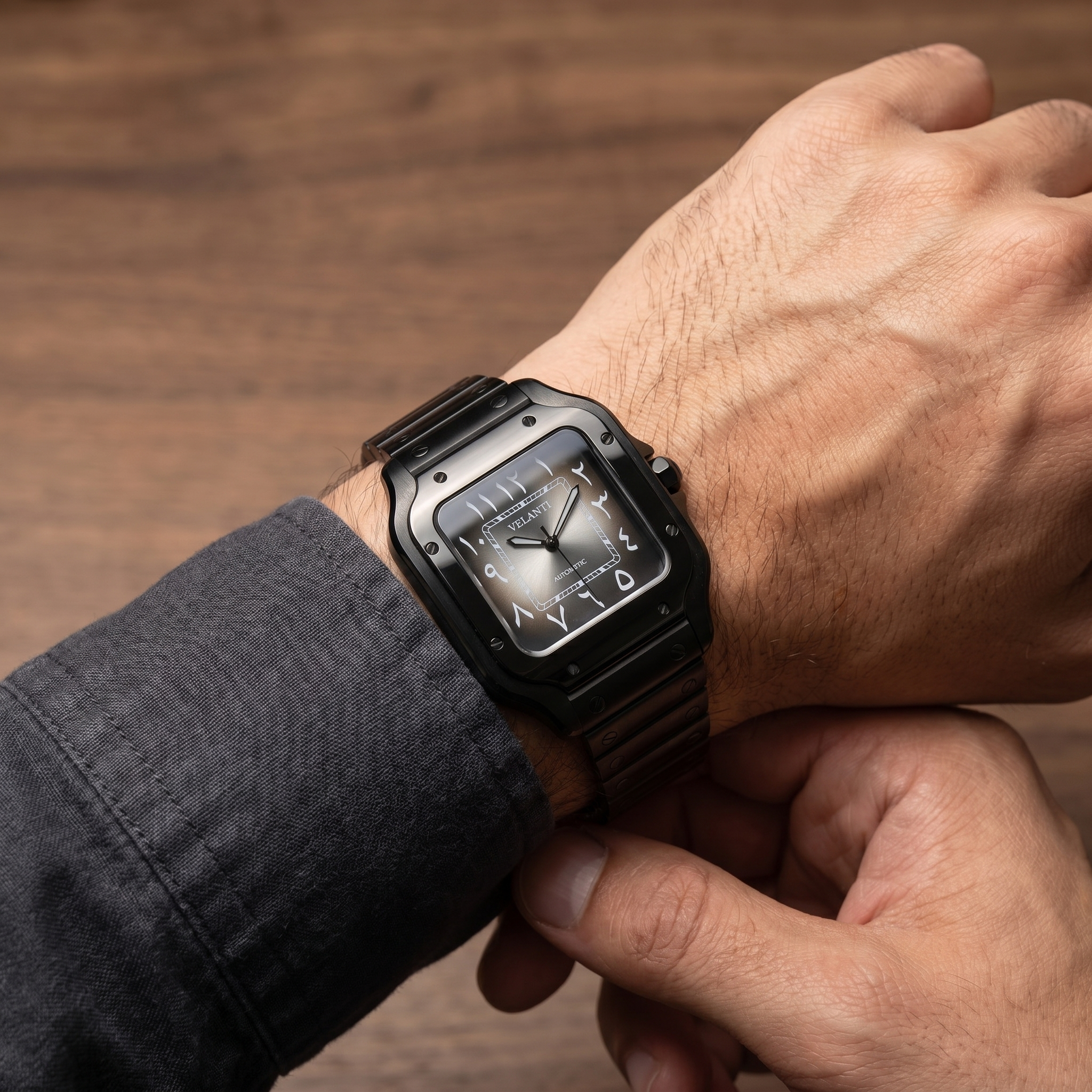 Santos-style automatic watch, Velanti Milano Santvel Black Ghost Arabic worn on wrist photo 7