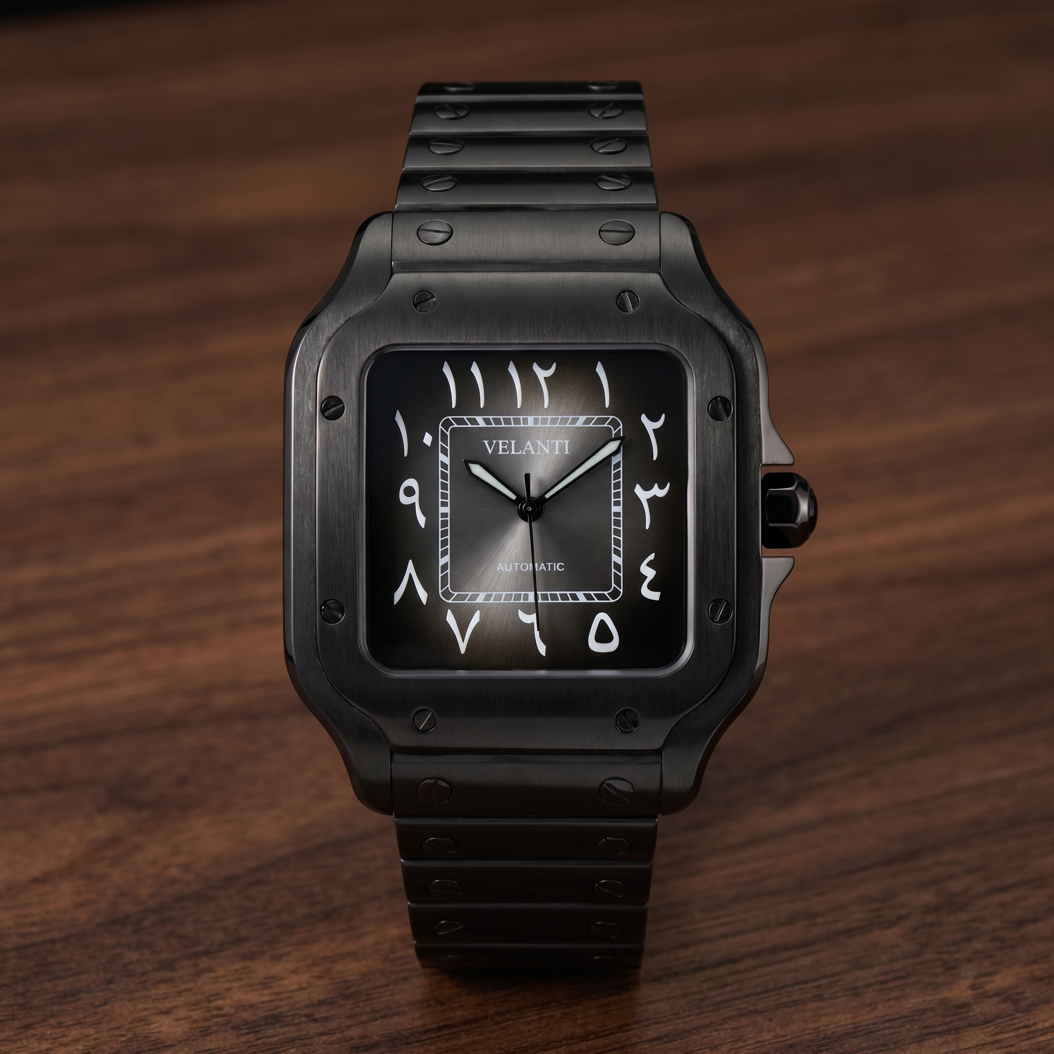 Santos-style automatic watch, Velanti Milano Santvel Black Ghost Arabic, watch detail photo 8