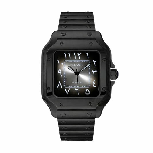 Santos-style custom mod watch, Velanti Milano Santvel Black Ghost Arabic, main product photo