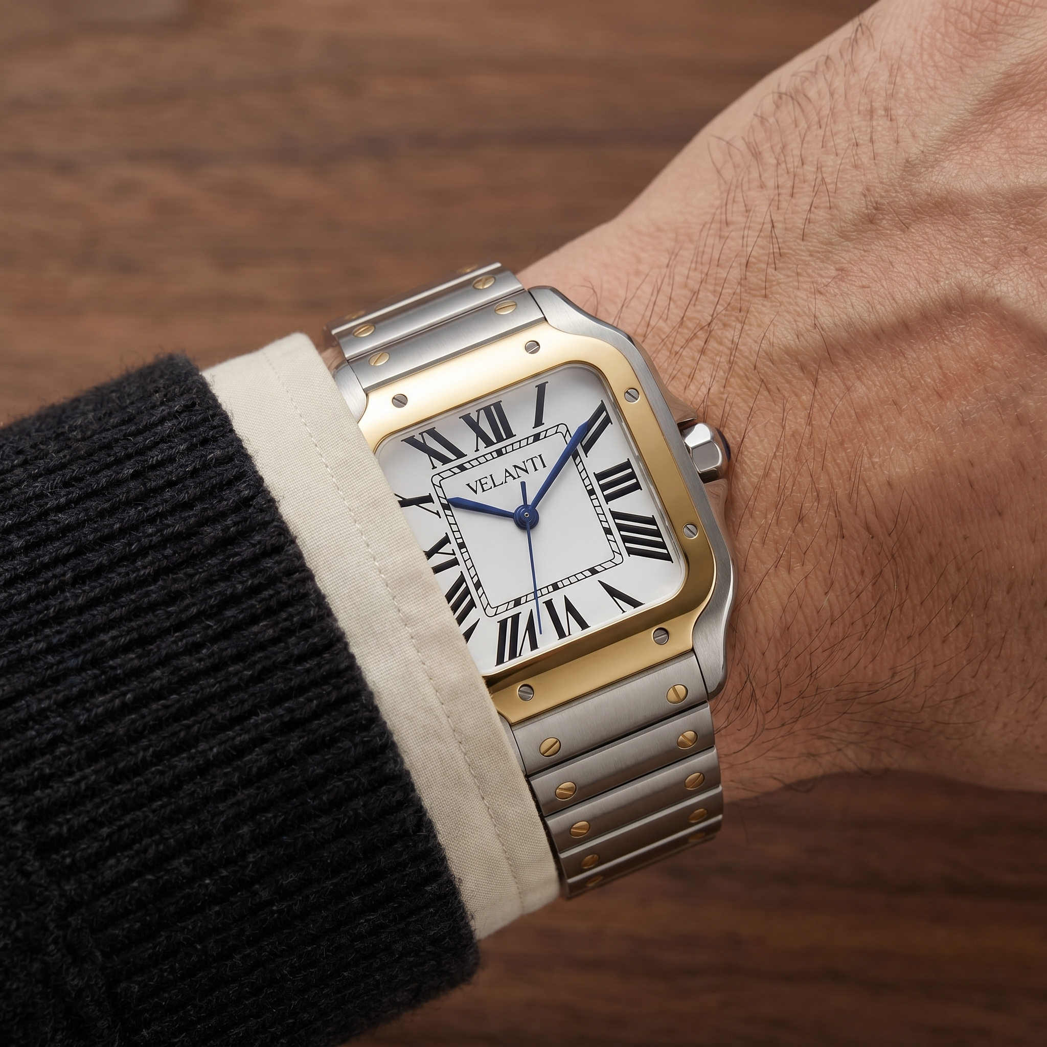 Santos-style automatic watch, Velanti Milano Santvel Gold Silver, product photo 8