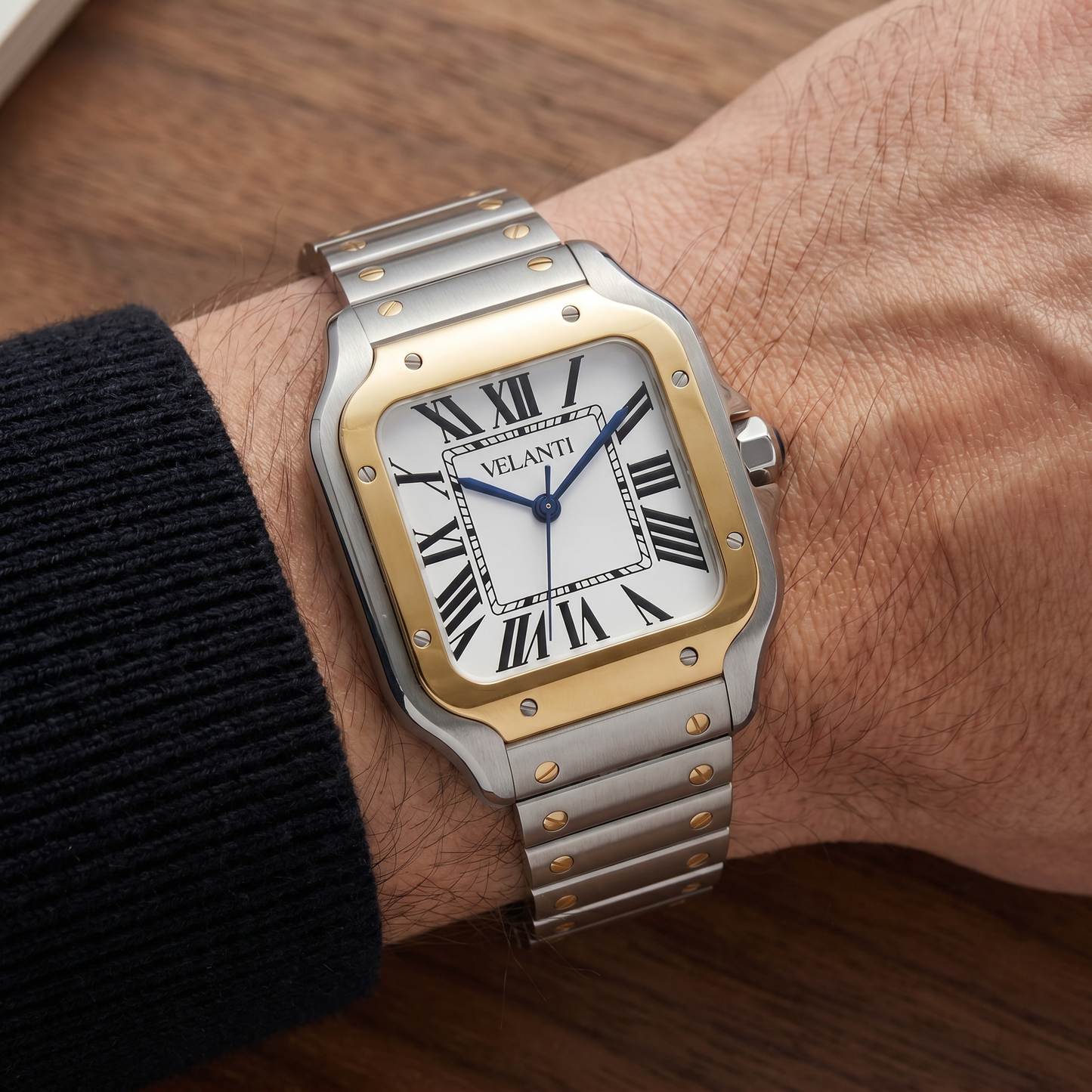 Santos-style automatic watch, Velanti Milano Santvel Gold - Silver, on-wrist photo