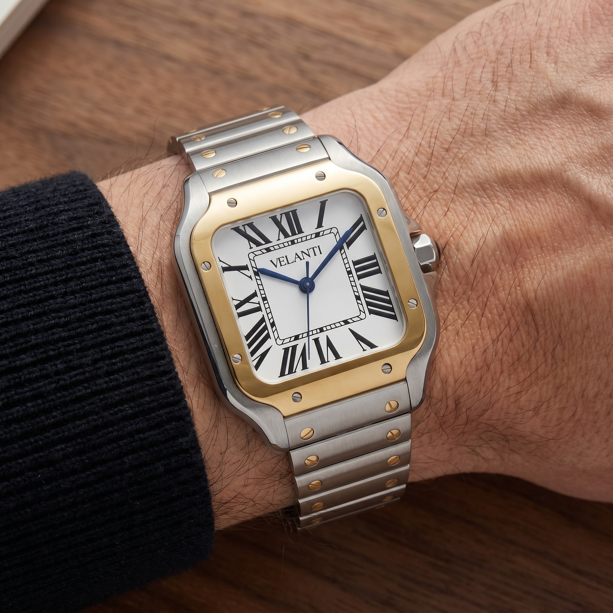Santos-style automatic watch, Velanti Milano Santvel Gold Silver worn on wrist photo 9