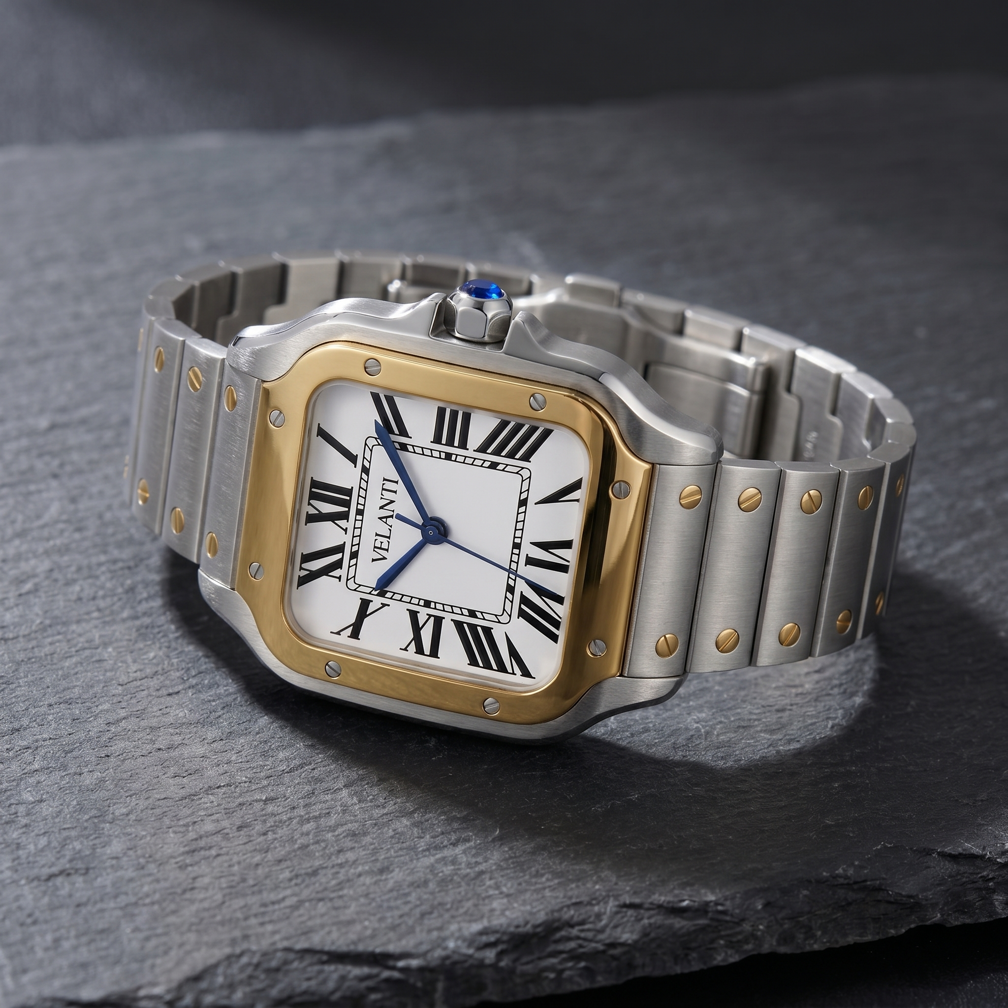 Santos-style automatic watch, Velanti Milano Santvel Gold Silver, bracelet detail photo