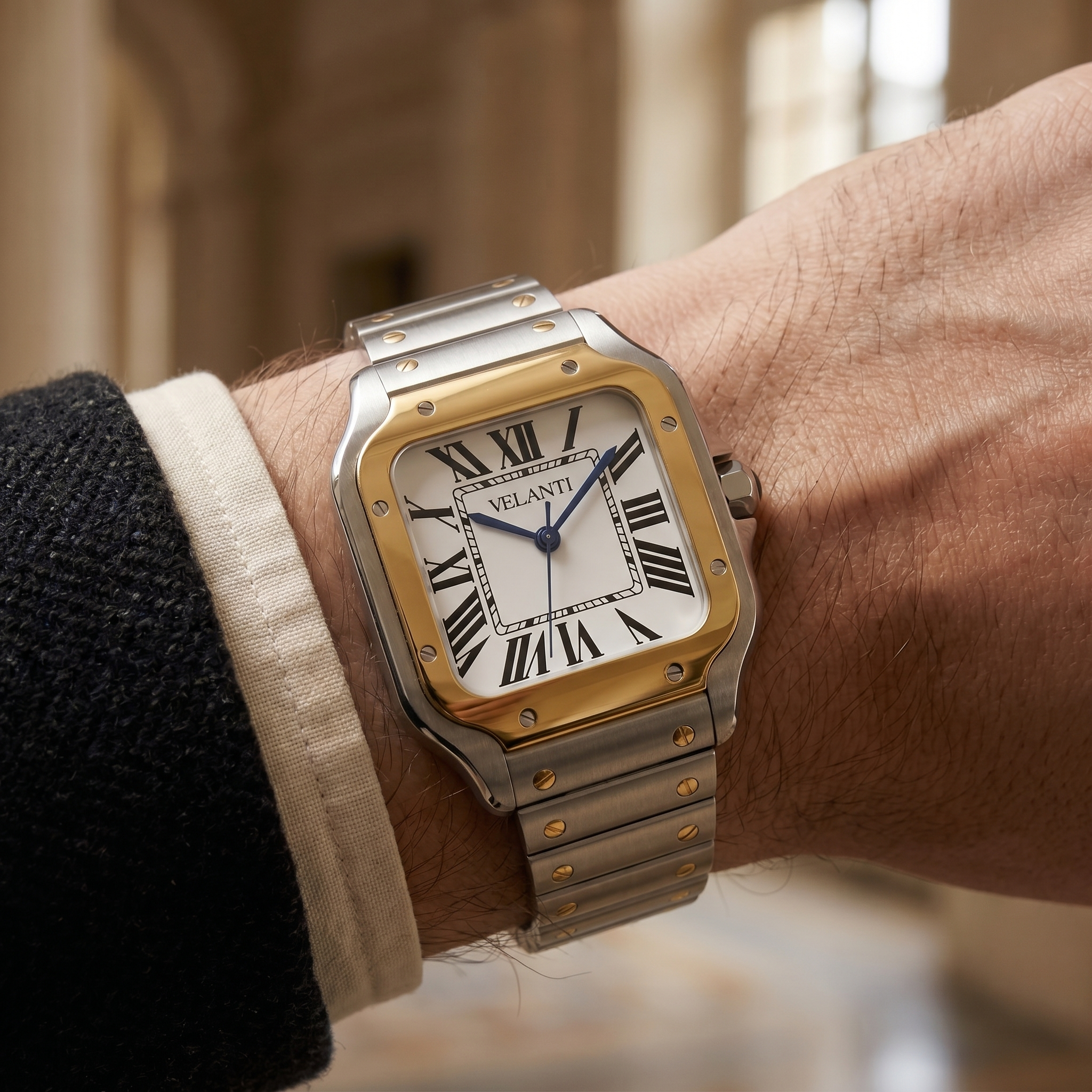 Santos-style automatic watch, Velanti Milano Santvel Gold Silver, product photo 11