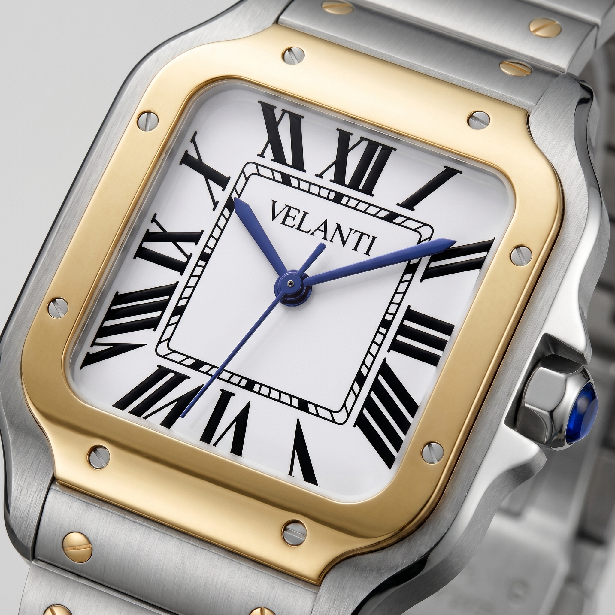 Santos-style automatic watch, Velanti Milano Santvel Gold Silver, watch detail photo