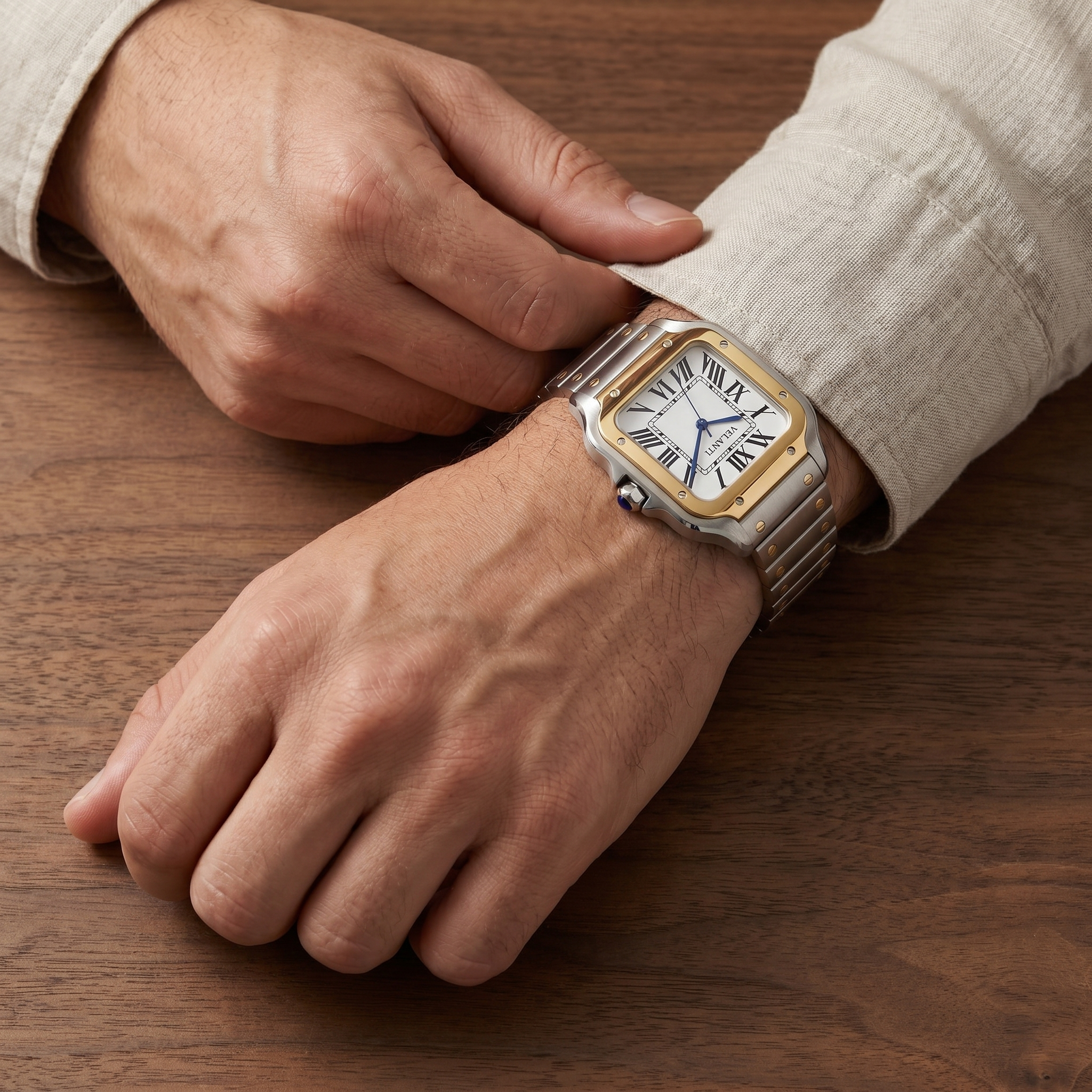 Santos-style automatic watch, Velanti Milano Santvel Gold Silver worn on wrist photo 13