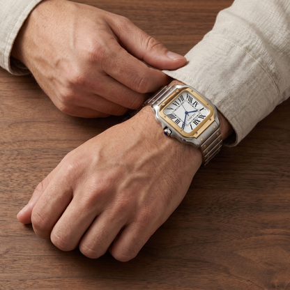 Santos-style automatic watch, Velanti Milano Santvel Gold - Silver, on-wrist photo