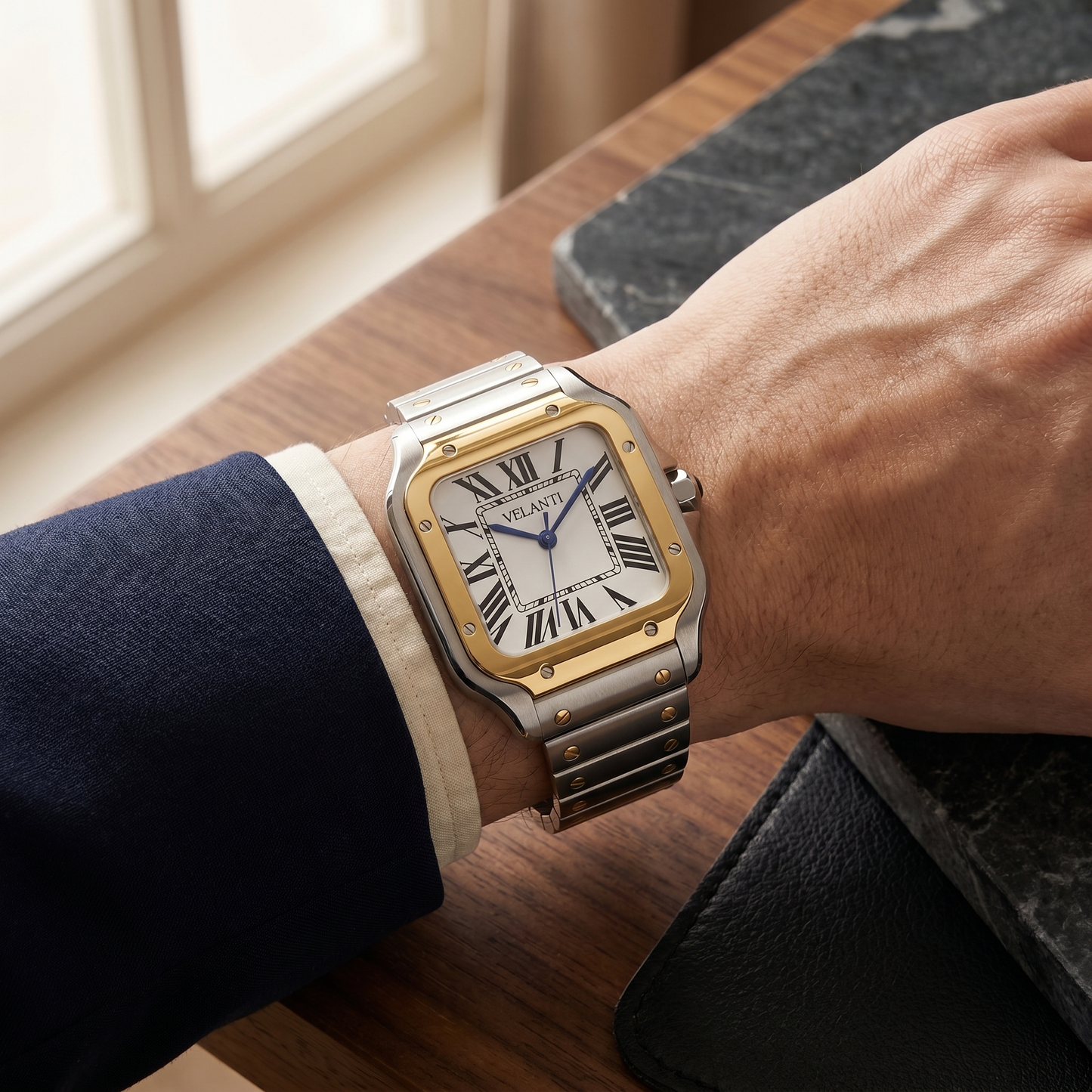 Santos-style automatic watch, Velanti Milano Santvel Gold - Silver, on-wrist photo