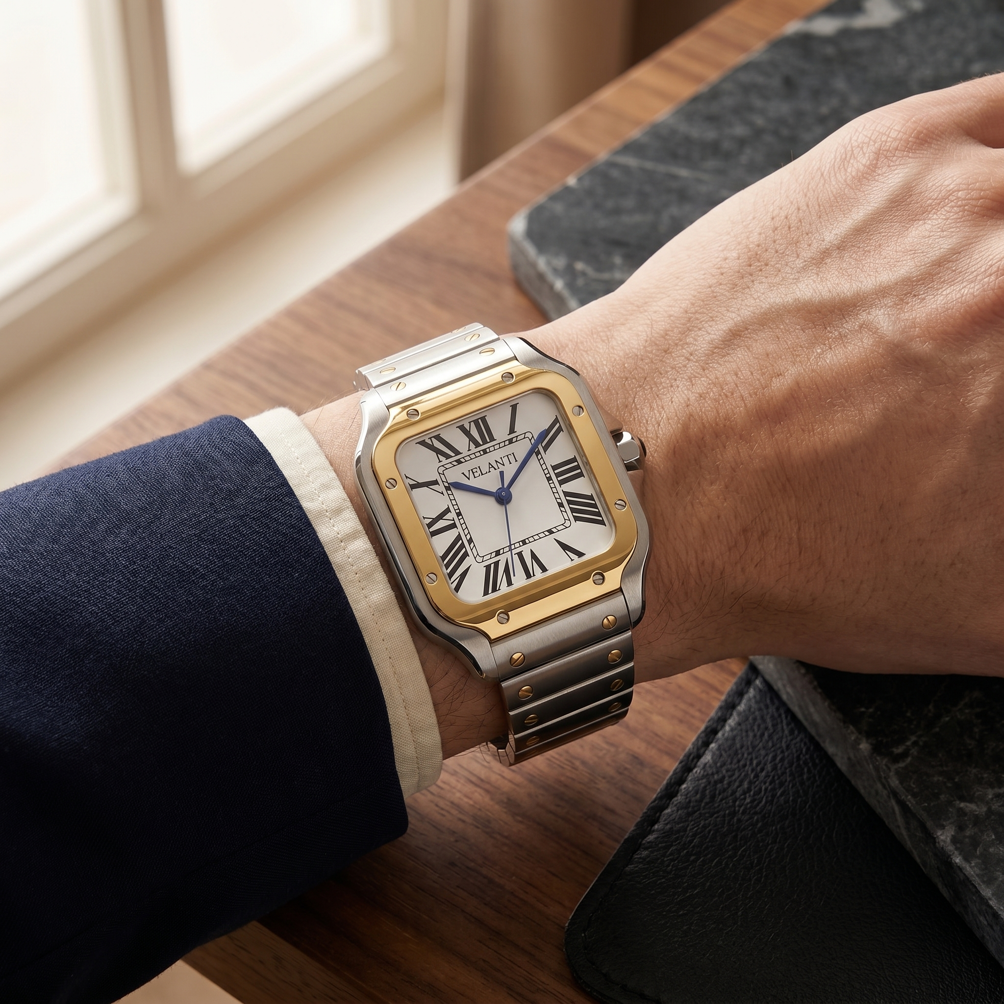 Santos-style automatic watch, Velanti Milano Santvel Gold Silver worn on wrist photo 14
