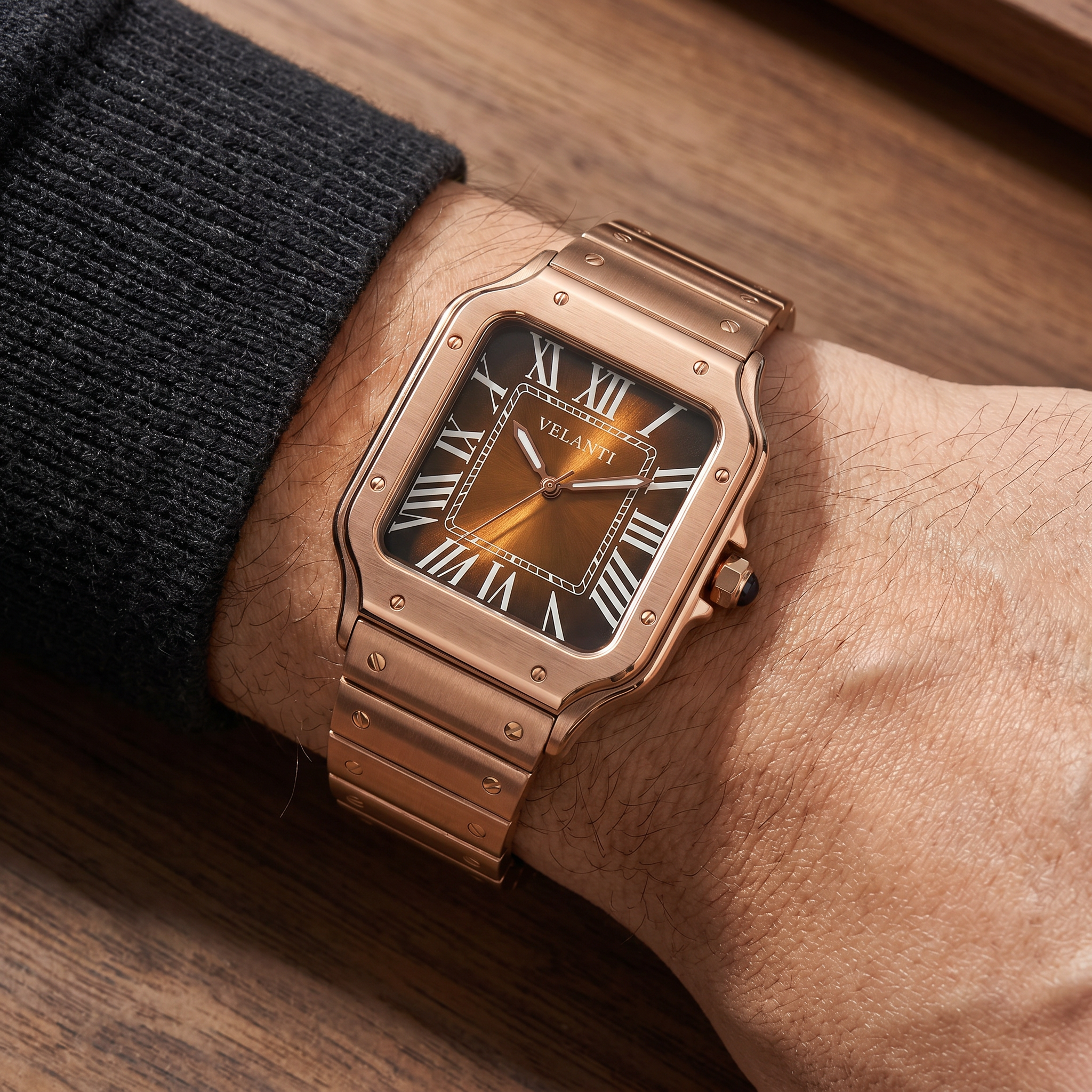 Santos-style automatic watch, Velanti Milano Santvel Rose Gold Brown worn on wrist photo 4
