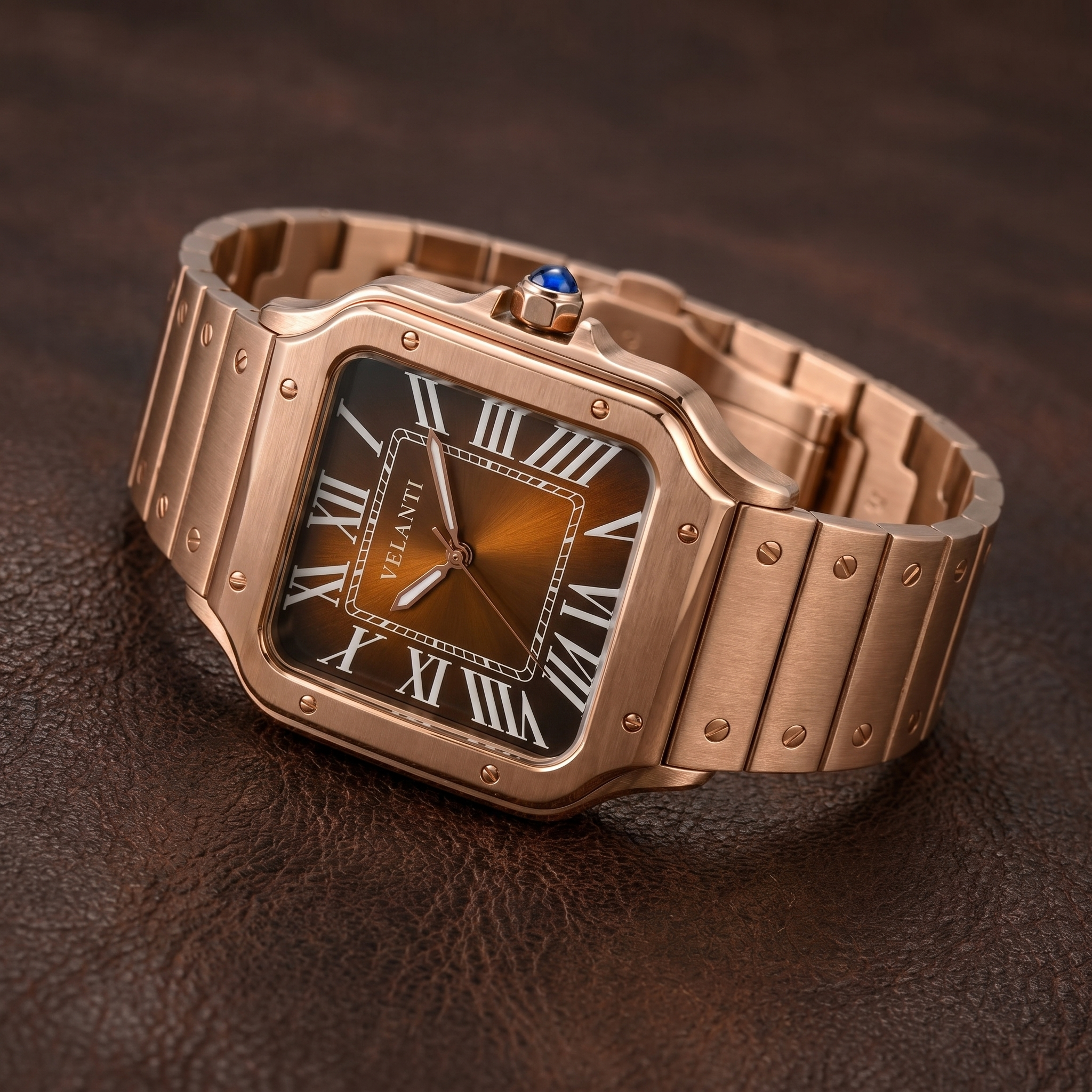 Santos-style automatic watch, Velanti Milano Santvel Rose Gold Brown, bracelet detail photo