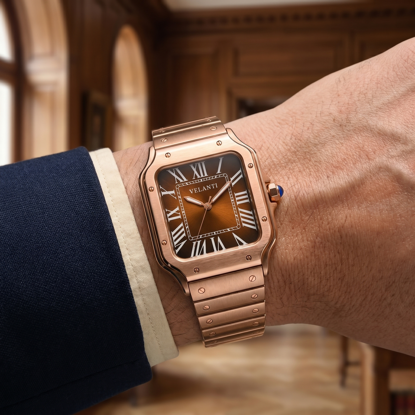 Santos-style custom mod watch, Velanti Milano Santvel Rose Gold Brown, product photo 6