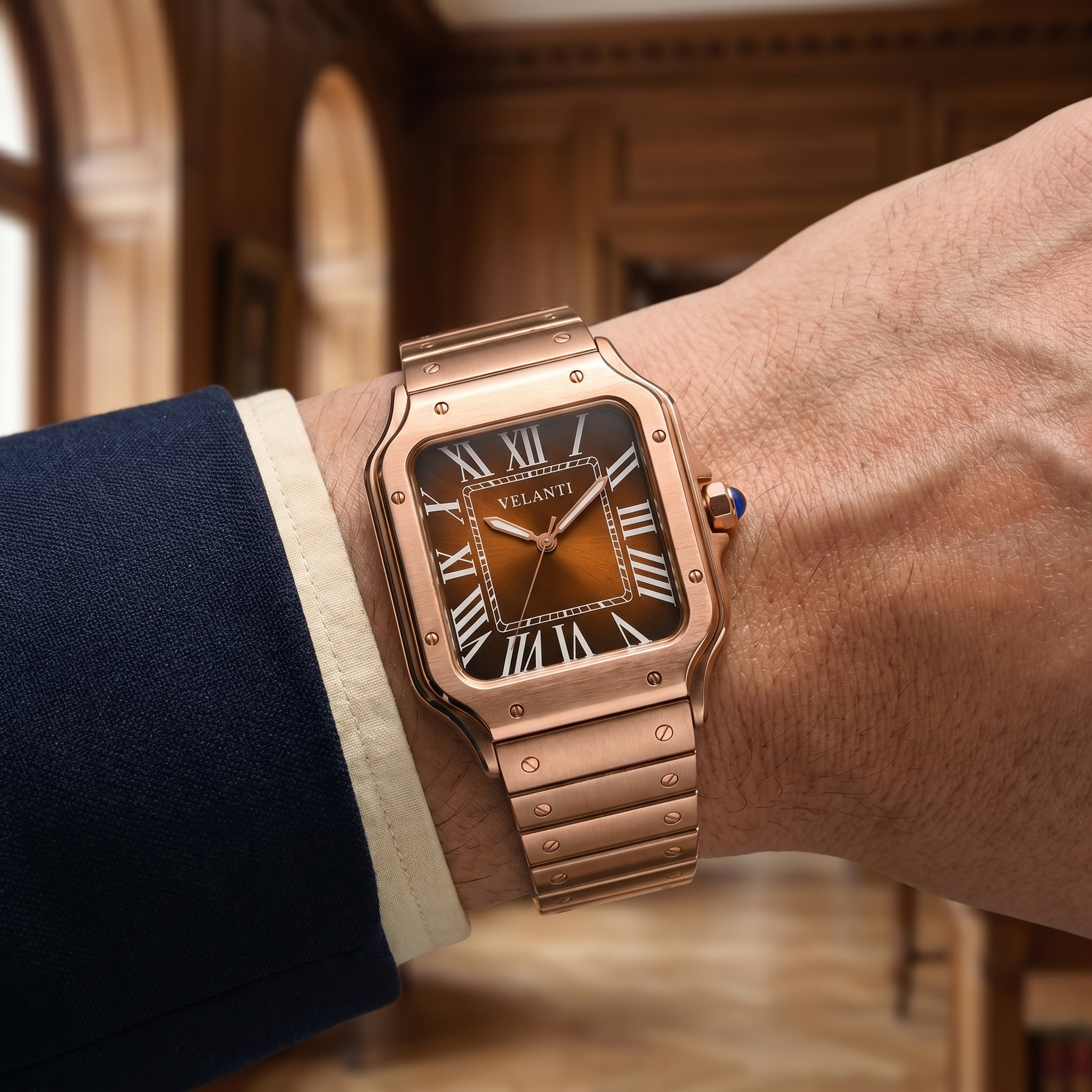 Santos-style automatic watch, Velanti Milano Santvel Rose Gold Brown, product photo 6