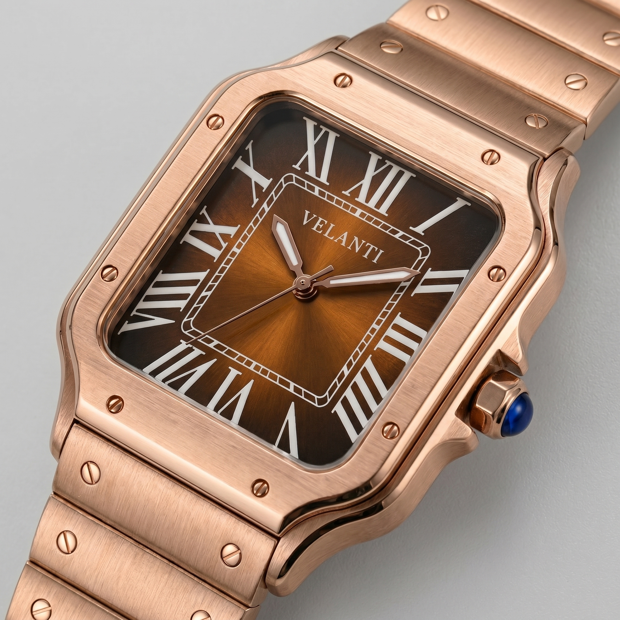 Santos-style automatic watch, Velanti Milano Santvel Rose Gold Brown, watch detail photo 7