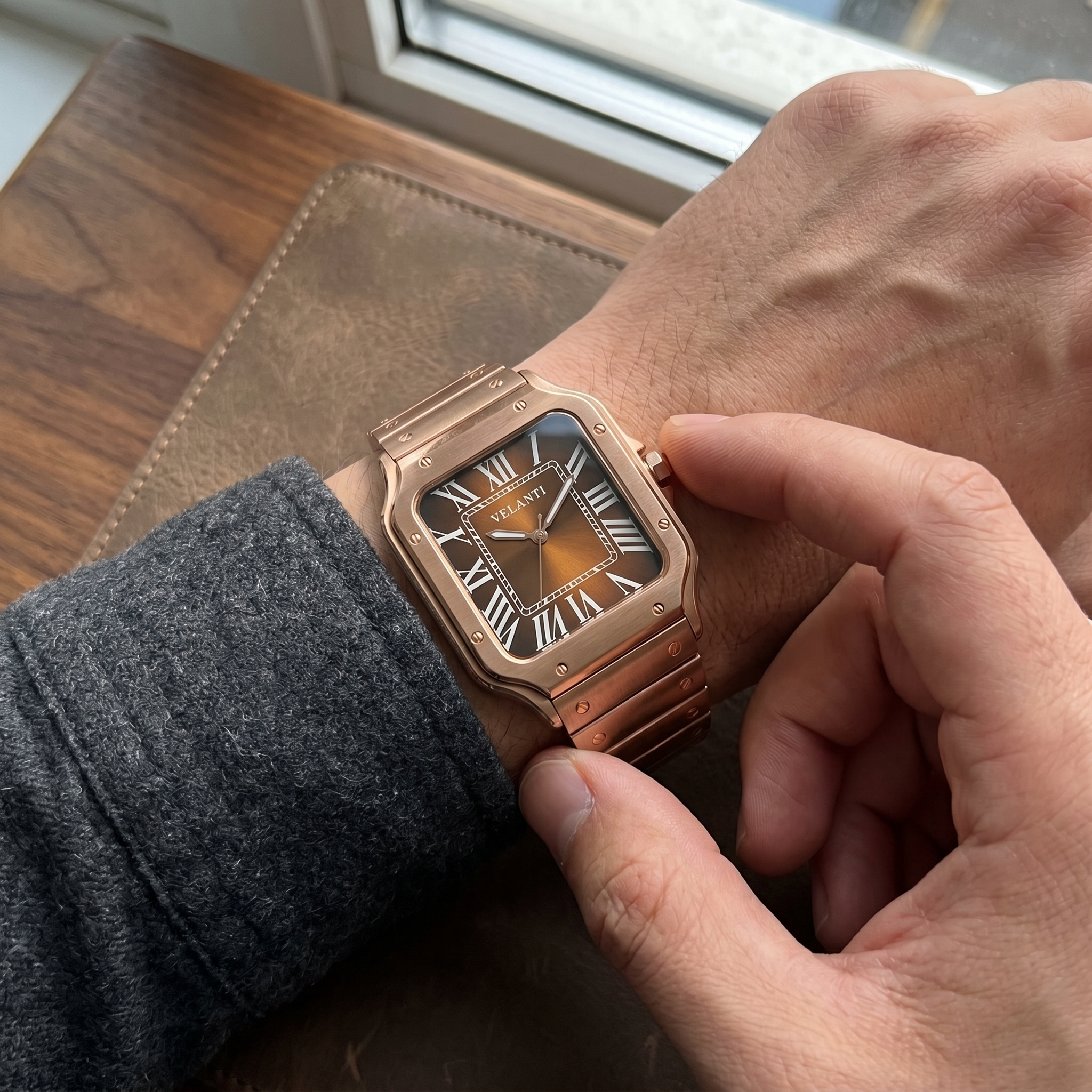 Santos-style automatic watch, Velanti Milano Santvel Rose Gold Brown worn on wrist photo 8