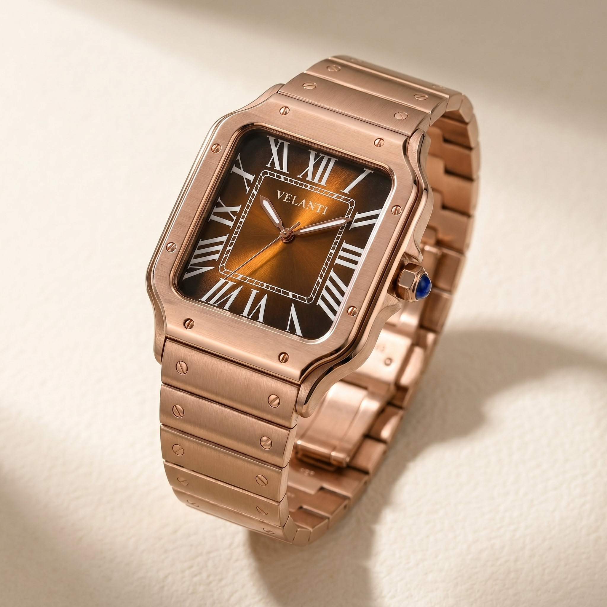 Santos-style automatic watch, Velanti Milano Santvel Rose Gold Brown, watch detail photo 9