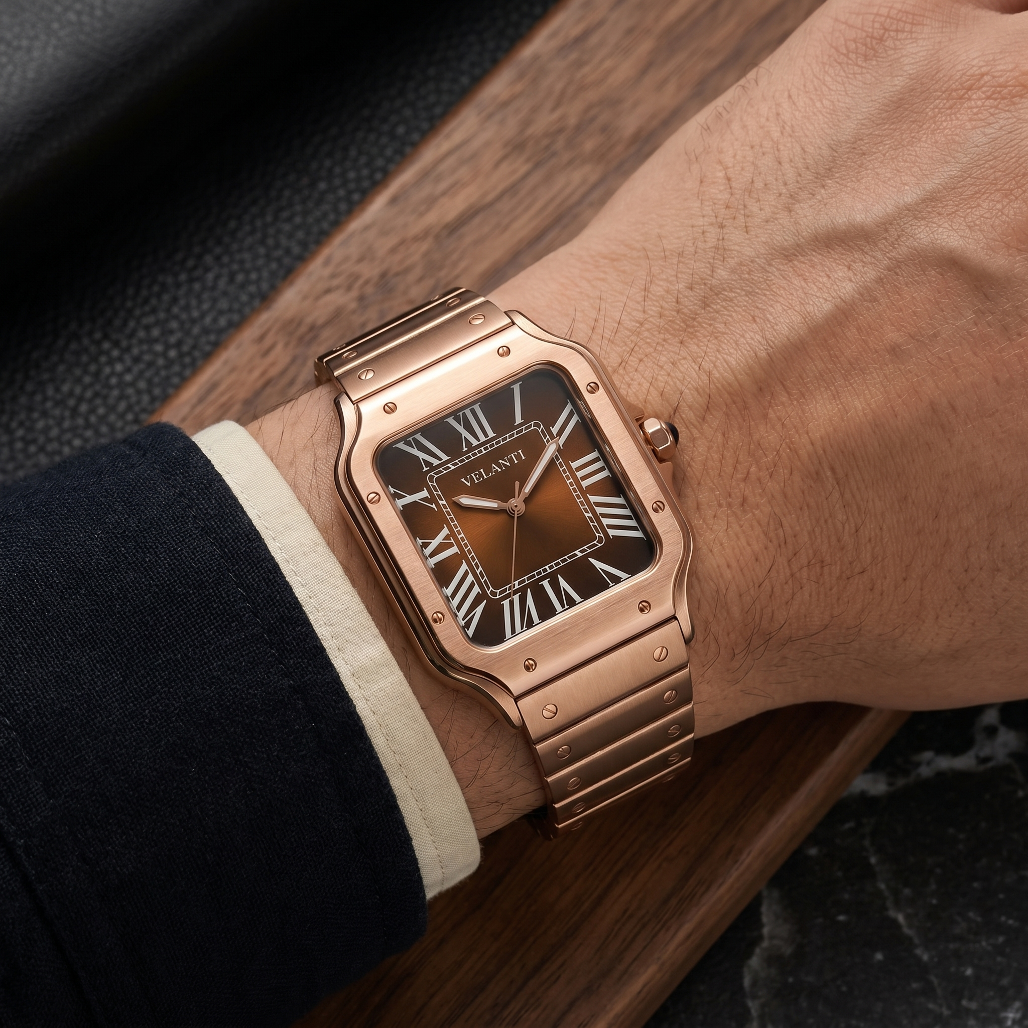 Santos-style automatic watch, Velanti Milano Santvel Rose Gold Brown worn on wrist photo 10