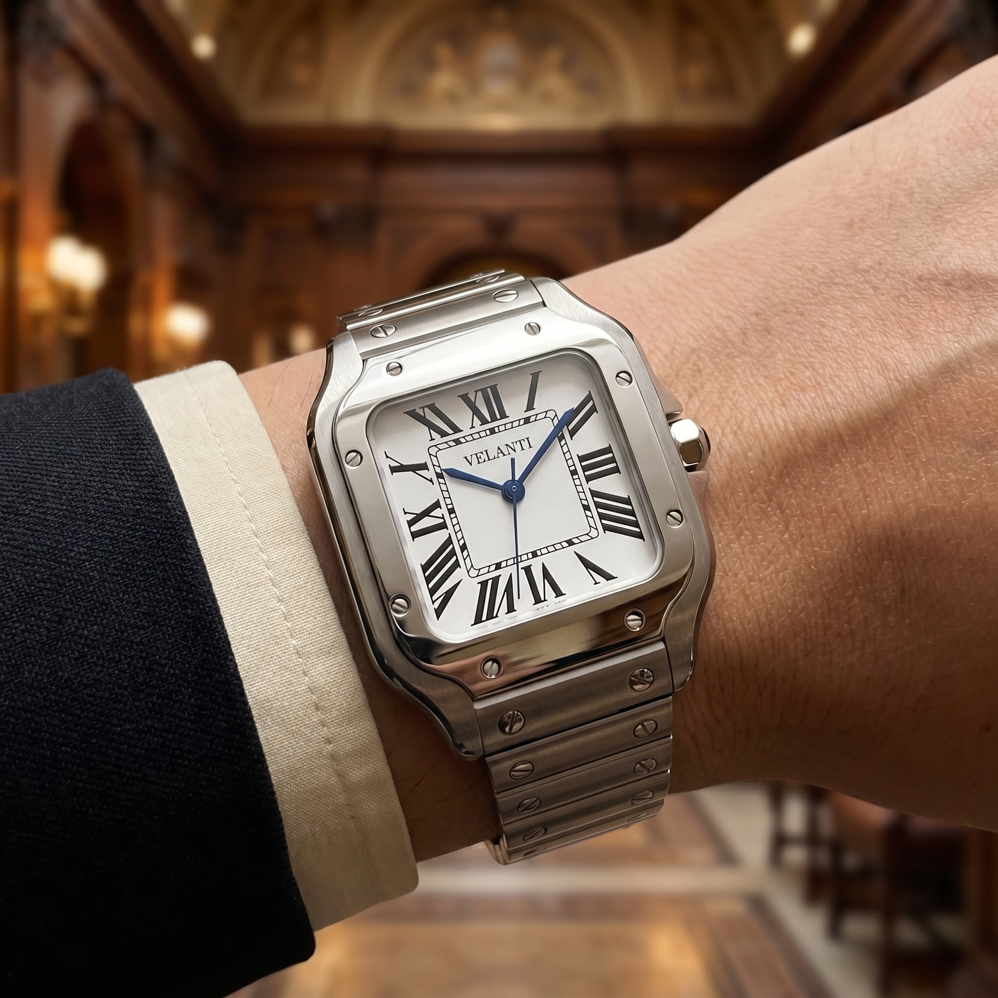 Santos-style automatic watch, Velanti Milano Santvel White, product photo 10