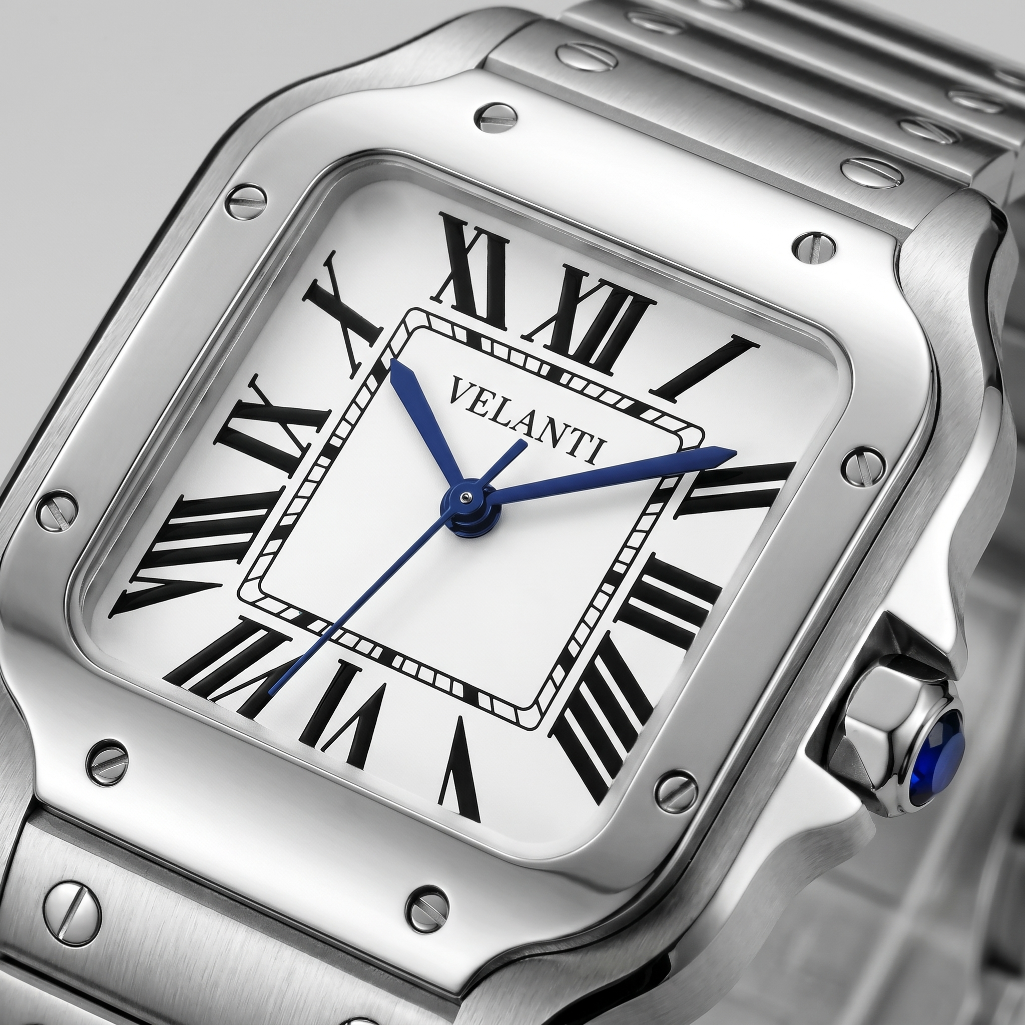 Santos-style automatic watch, Velanti Milano Santvel White, watch detail photo 11