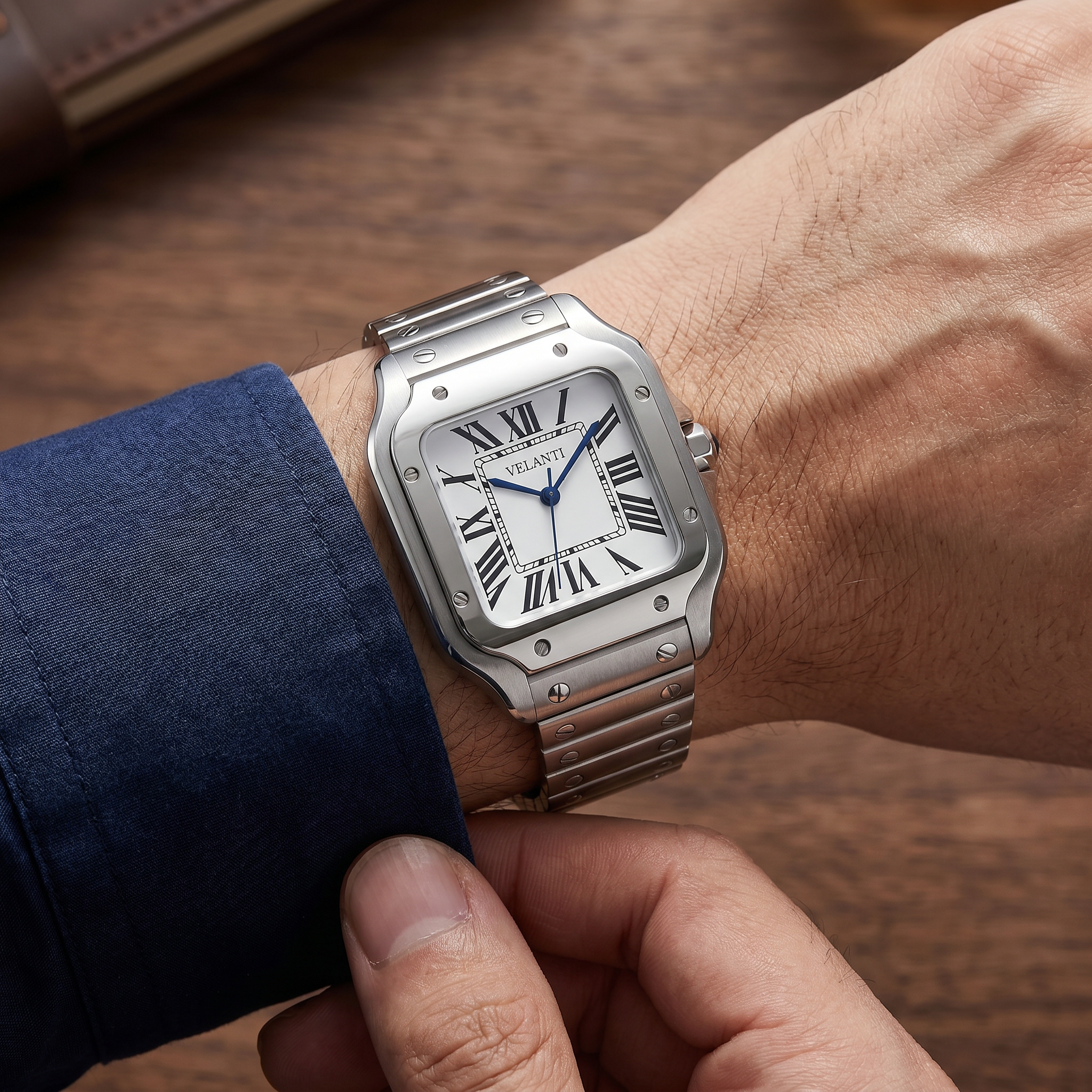 Santos-style automatic watch, Velanti Milano Santvel White worn on wrist photo 12