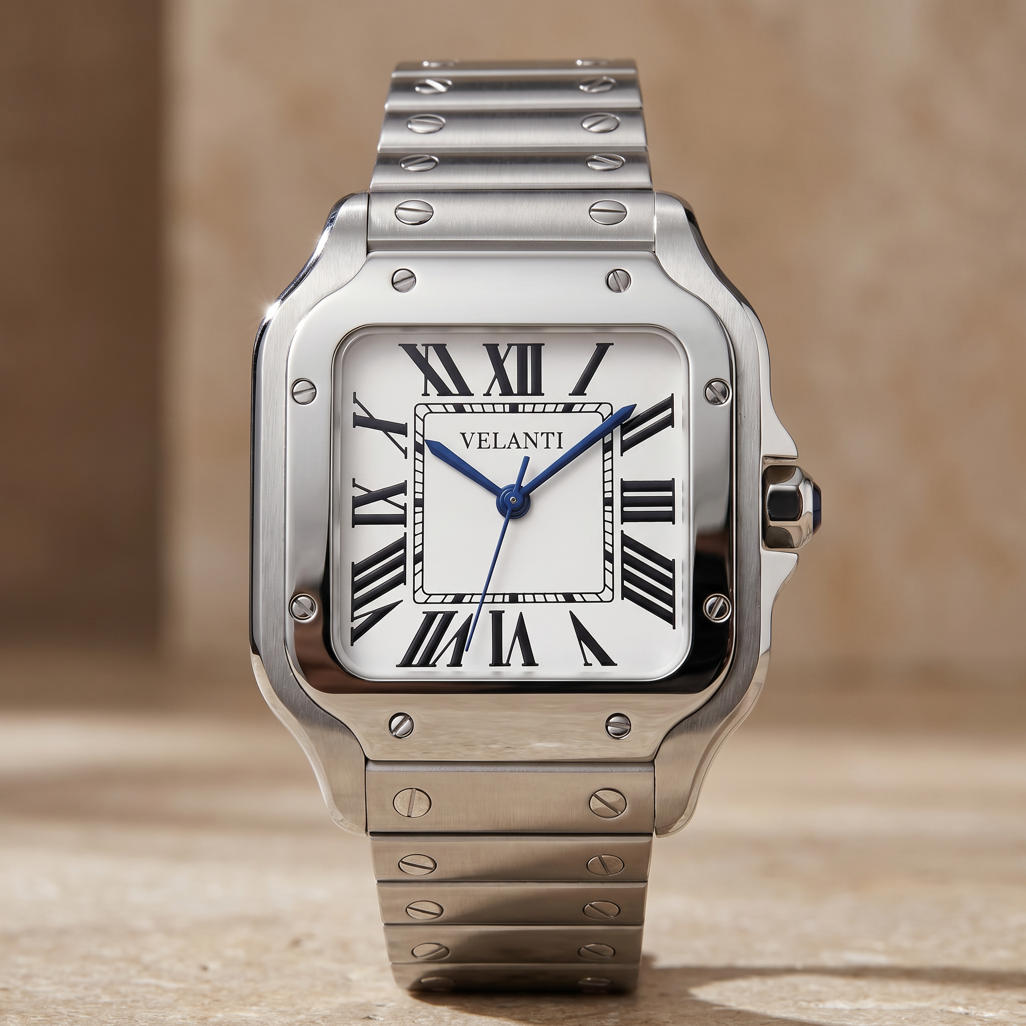 Santos-style automatic watch, Velanti Milano Santvel White, watch detail photo 13