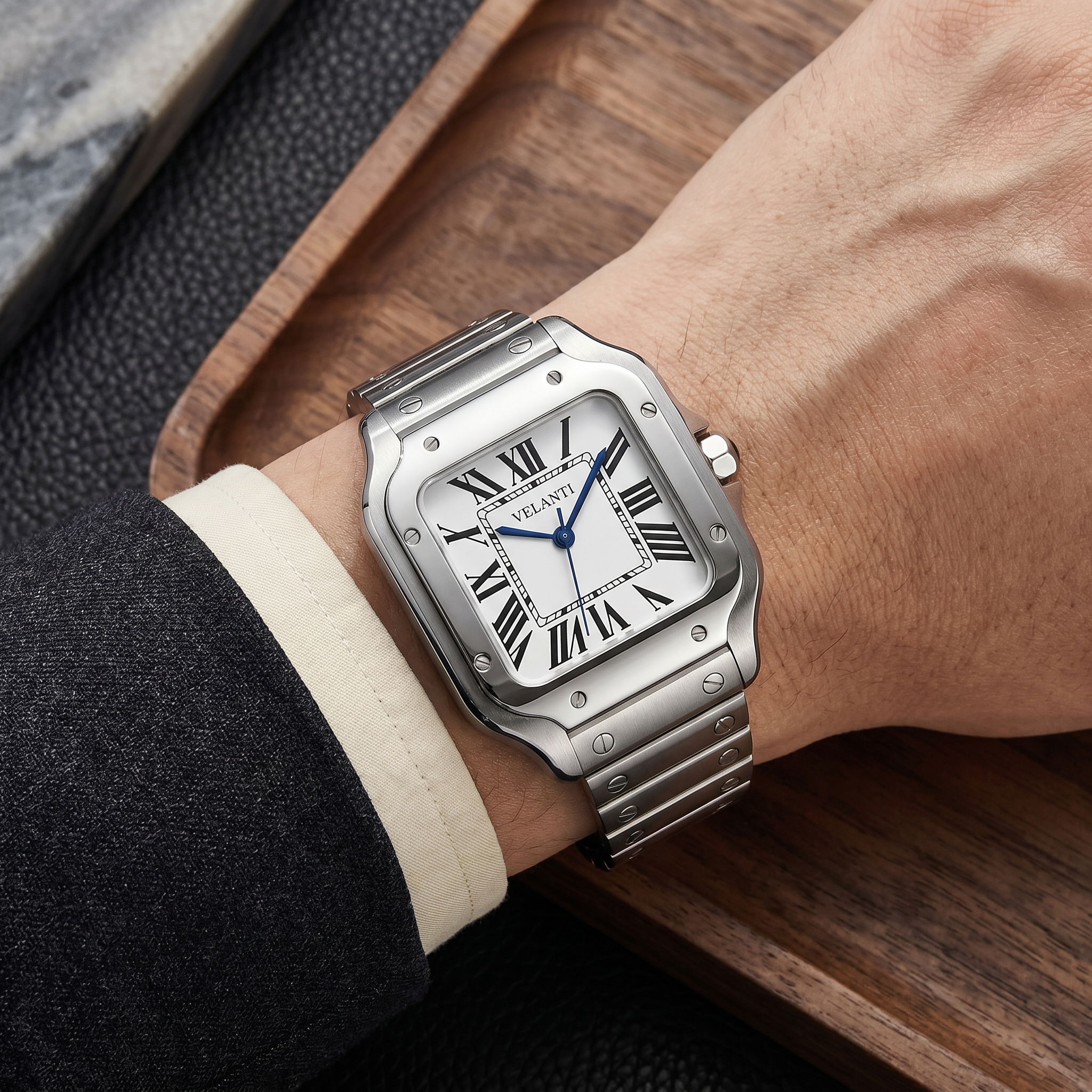 Santos-style automatic watch, Velanti Milano Santvel White worn on wrist photo 14