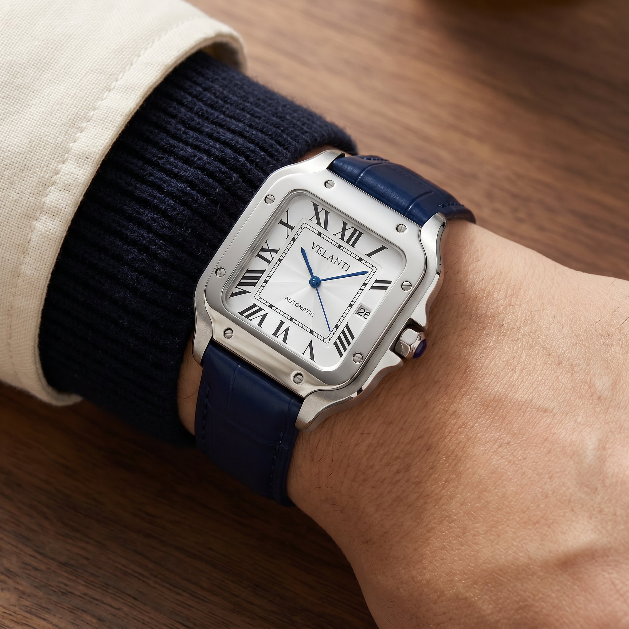 Santos-style automatic watch, Velanti Milano Santvel White Blue Leather, product photo 6