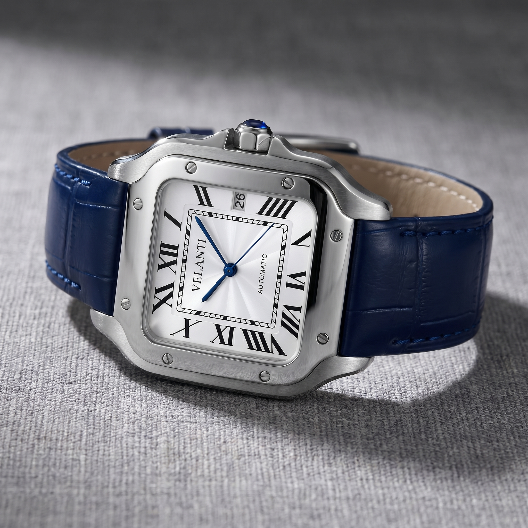 Santos-style automatic watch, Velanti Milano Santvel White Blue Leather, bracelet detail photo