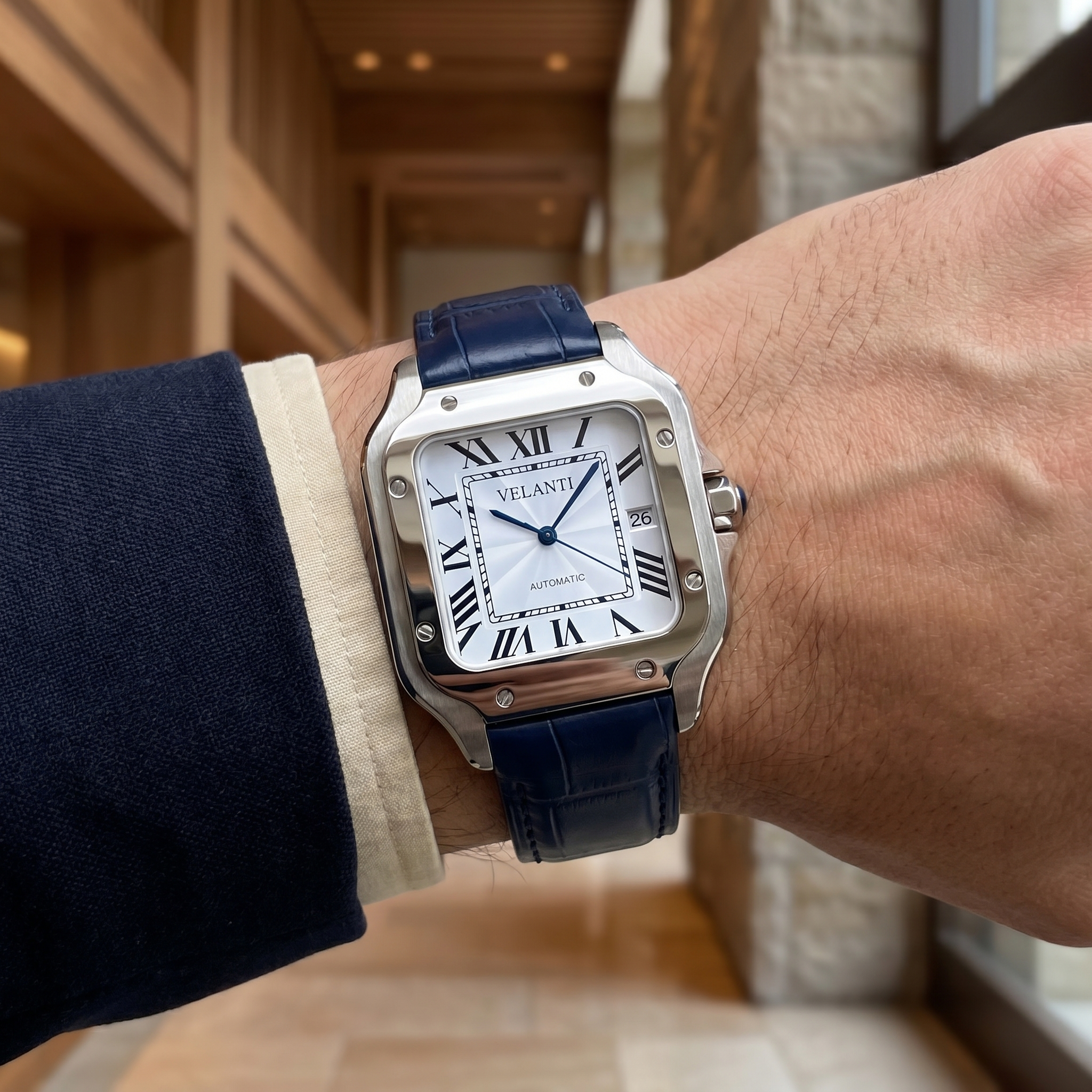 Santos-style automatic watch, Velanti Milano Santvel White Blue Leather, product photo 8