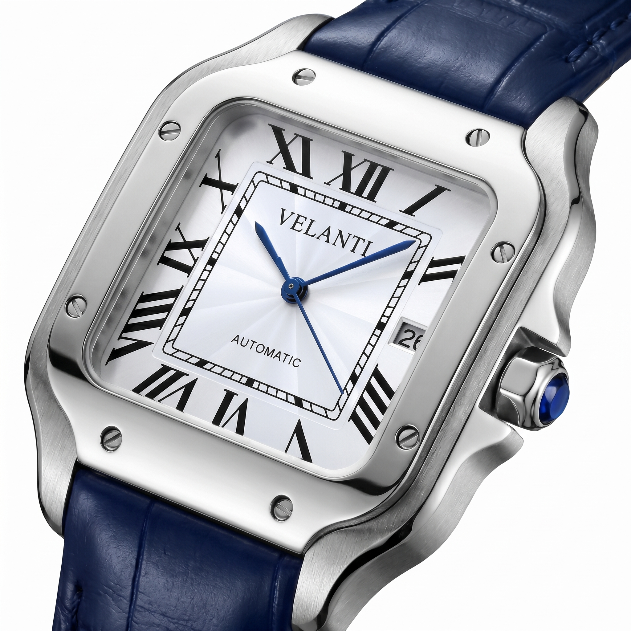 Santos-style automatic watch, Velanti Milano Santvel White Blue Leather, watch detail photo