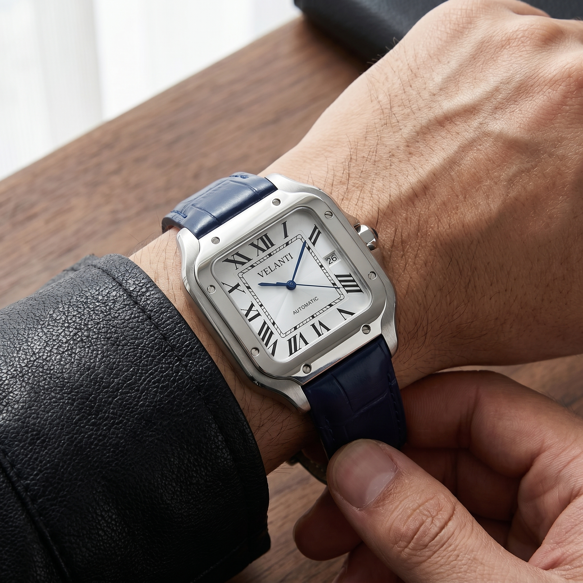 Santos-style automatic watch, Velanti Milano Santvel White Blue Leather worn on wrist photo 10