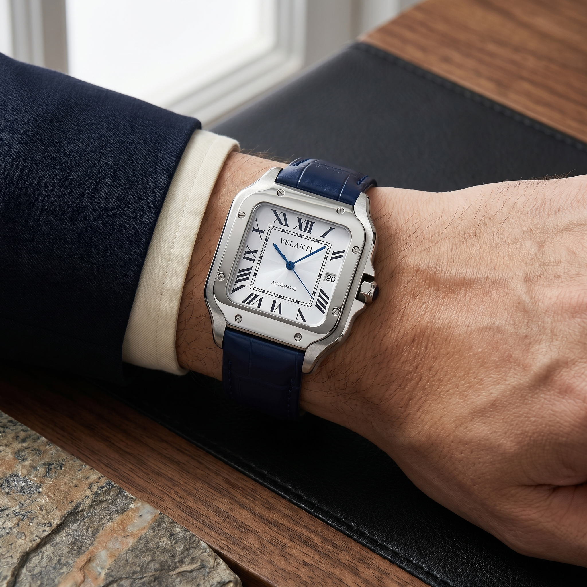 Santos-style automatic watch, Velanti Milano Santvel White Blue Leather worn on wrist photo 11