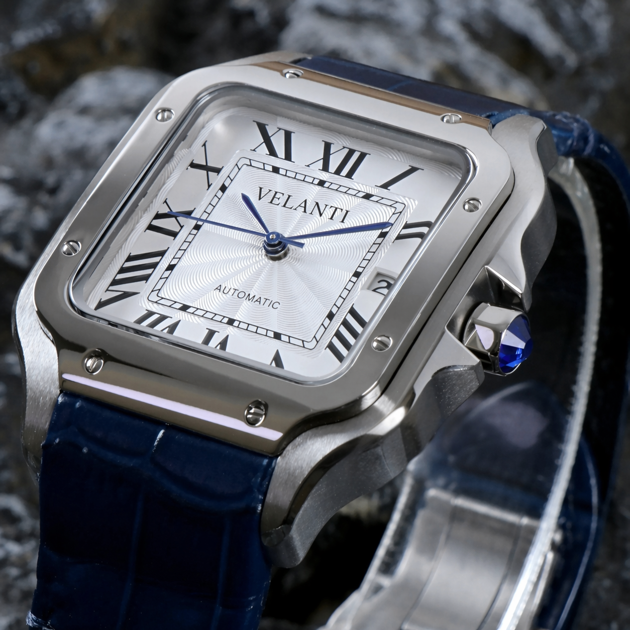 Santos-style automatic watch, Velanti Milano Santvel White Blue Leather, product photo 4