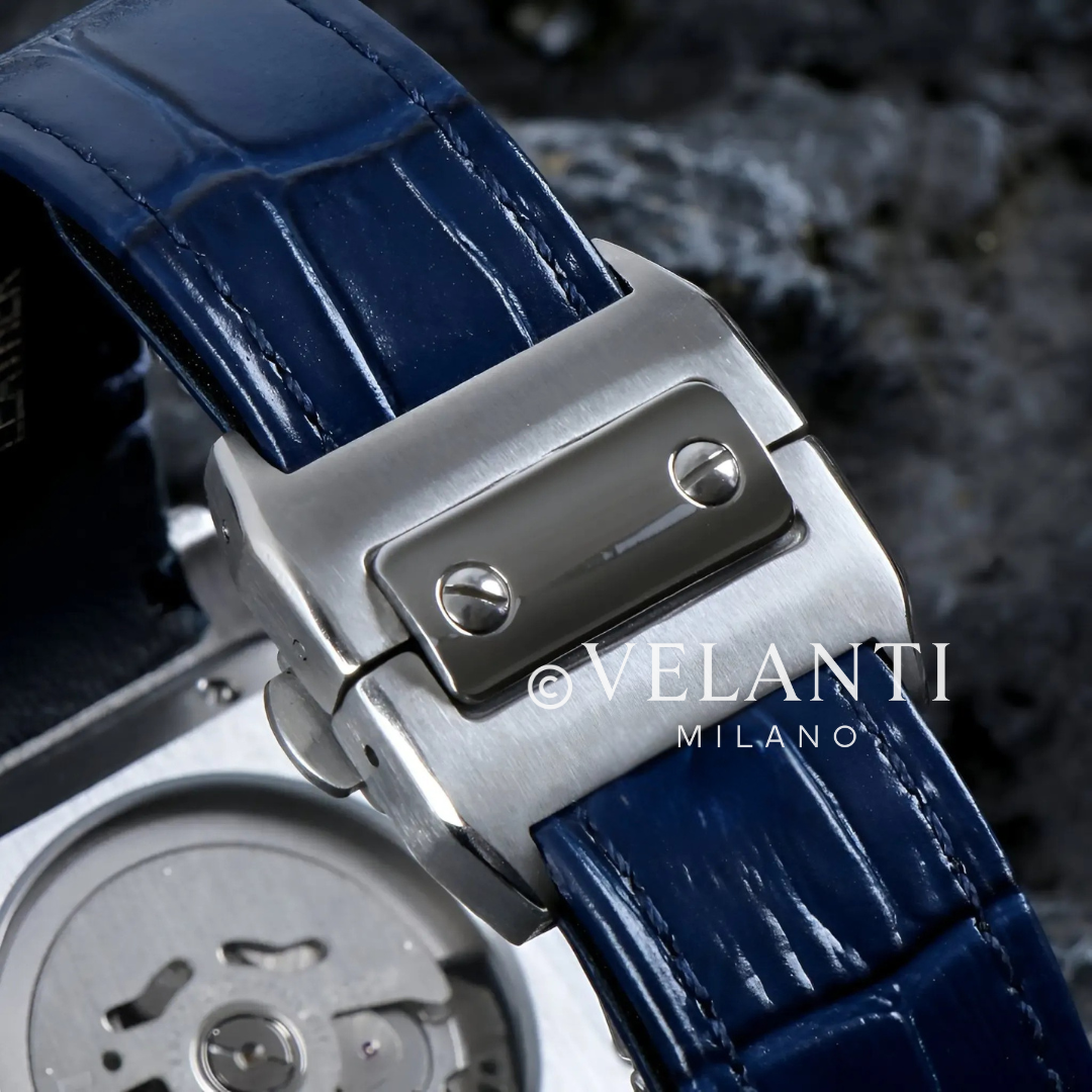 Santos-style automatic watch, Velanti Milano Santvel White Blue Leather, product photo 5