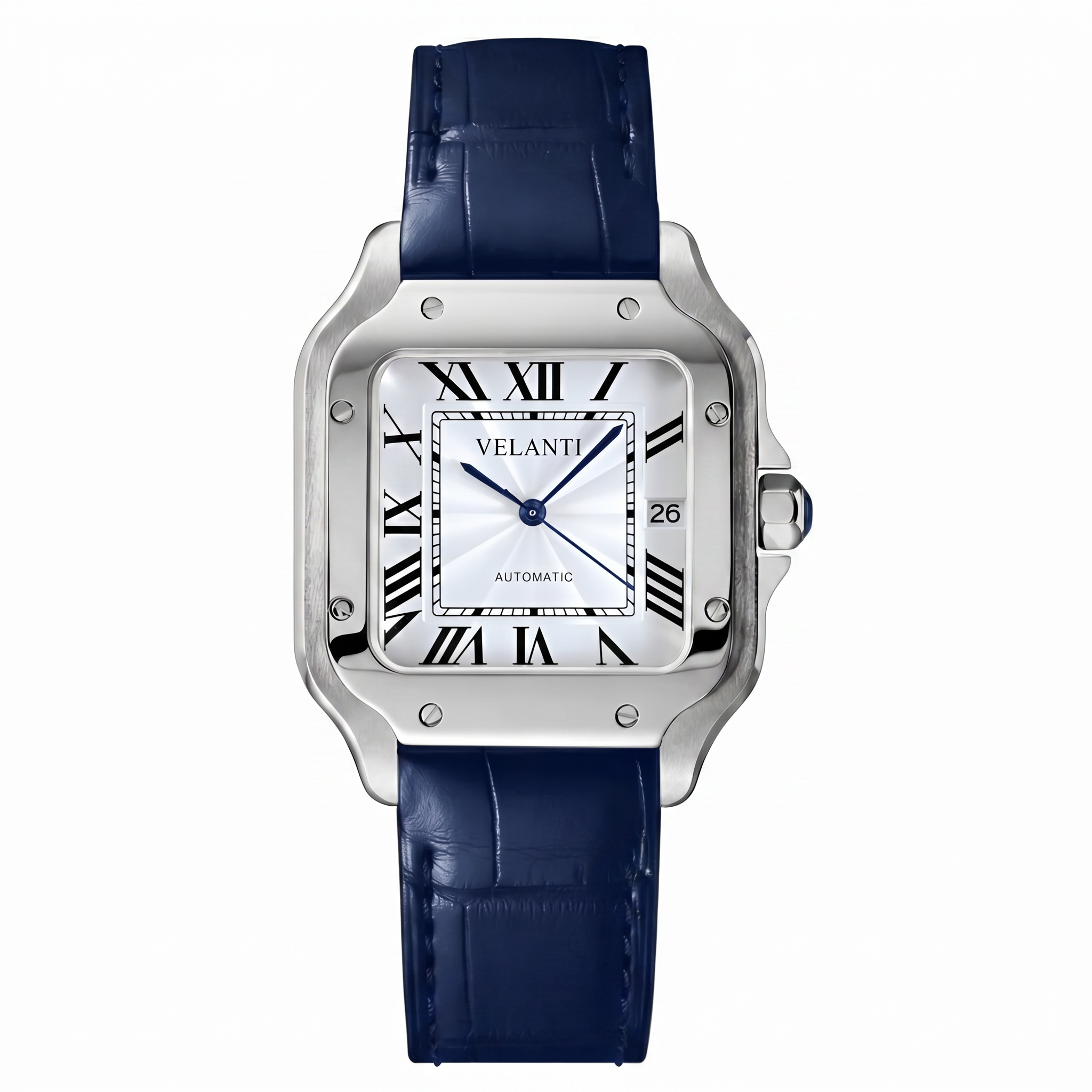 Santos-style automatic watch, Velanti Milano Santvel White Blue Leather, main product photo