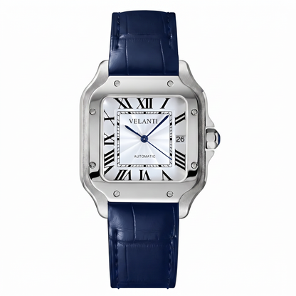 Santos-style custom mod watch, Velanti Milano Santvel White Blue Leather, main product photo