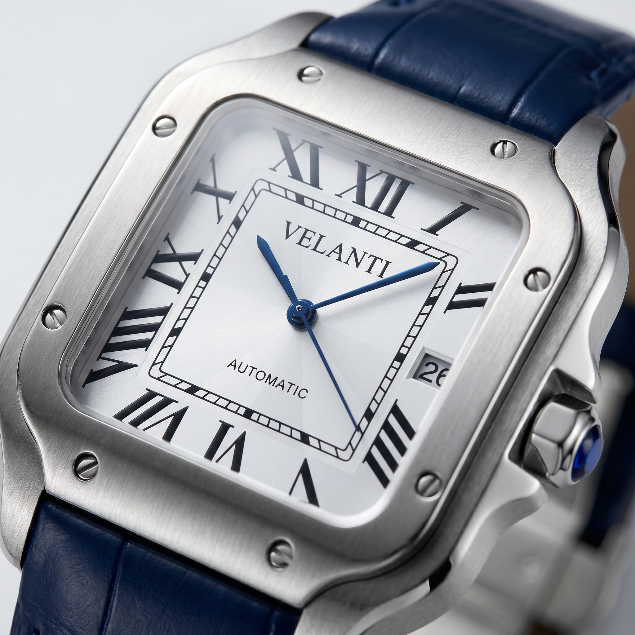 Santos-style automatic watch, Velanti Milano Santvel White Blue Leather, product photo 2