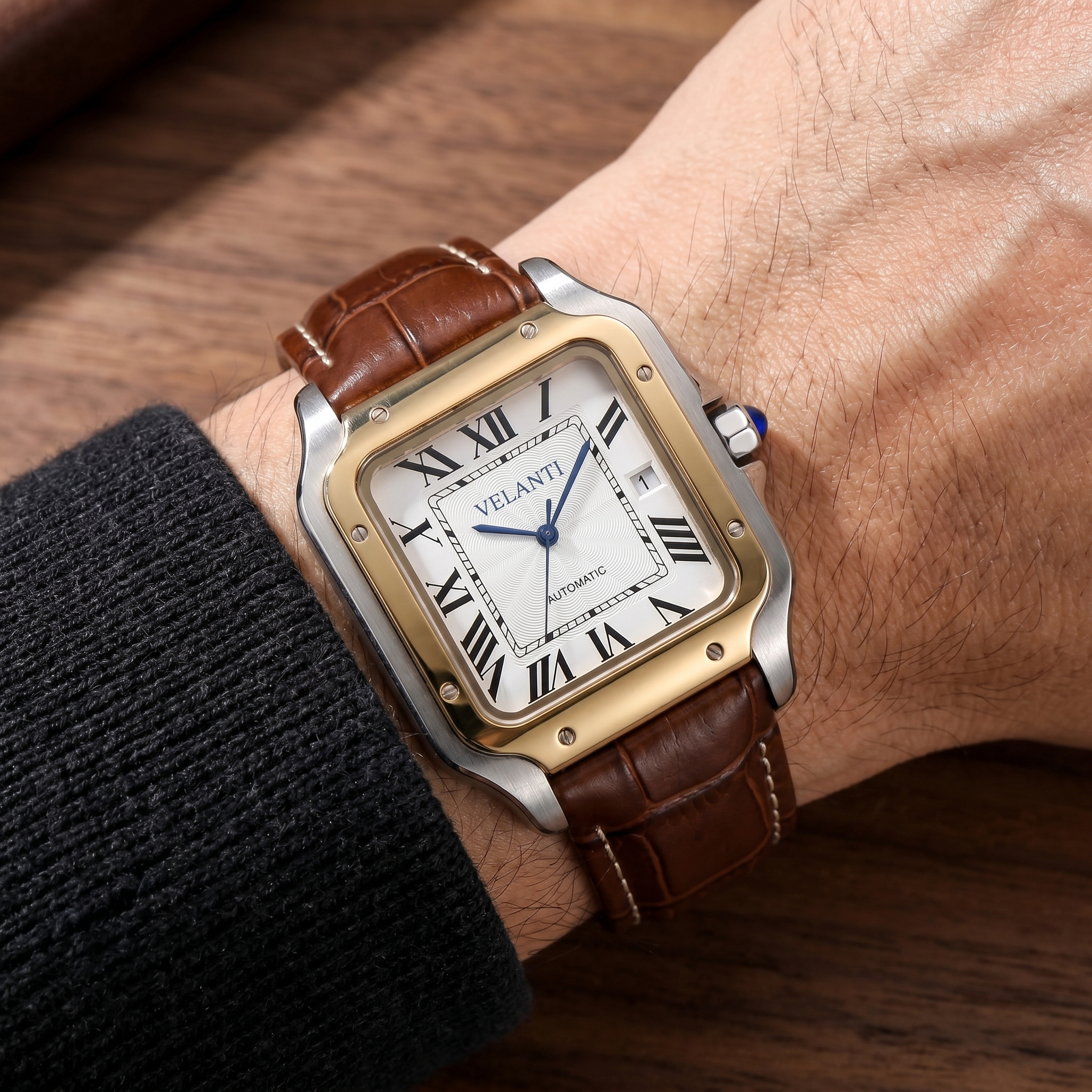 Santos-style automatic watch, Velanti Milano Santvel White Brown Leather worn on wrist photo 7