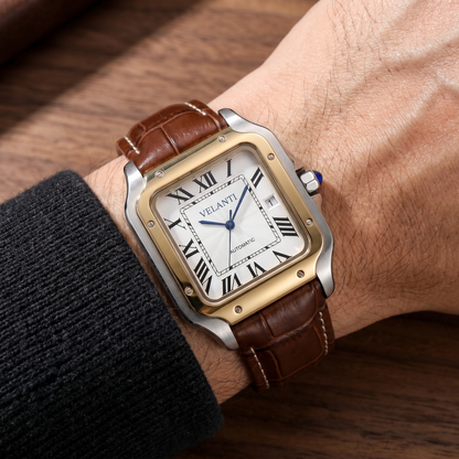 Santos-style automatic watch, Velanti Milano Santvel White Brown Leather, on-wrist photo