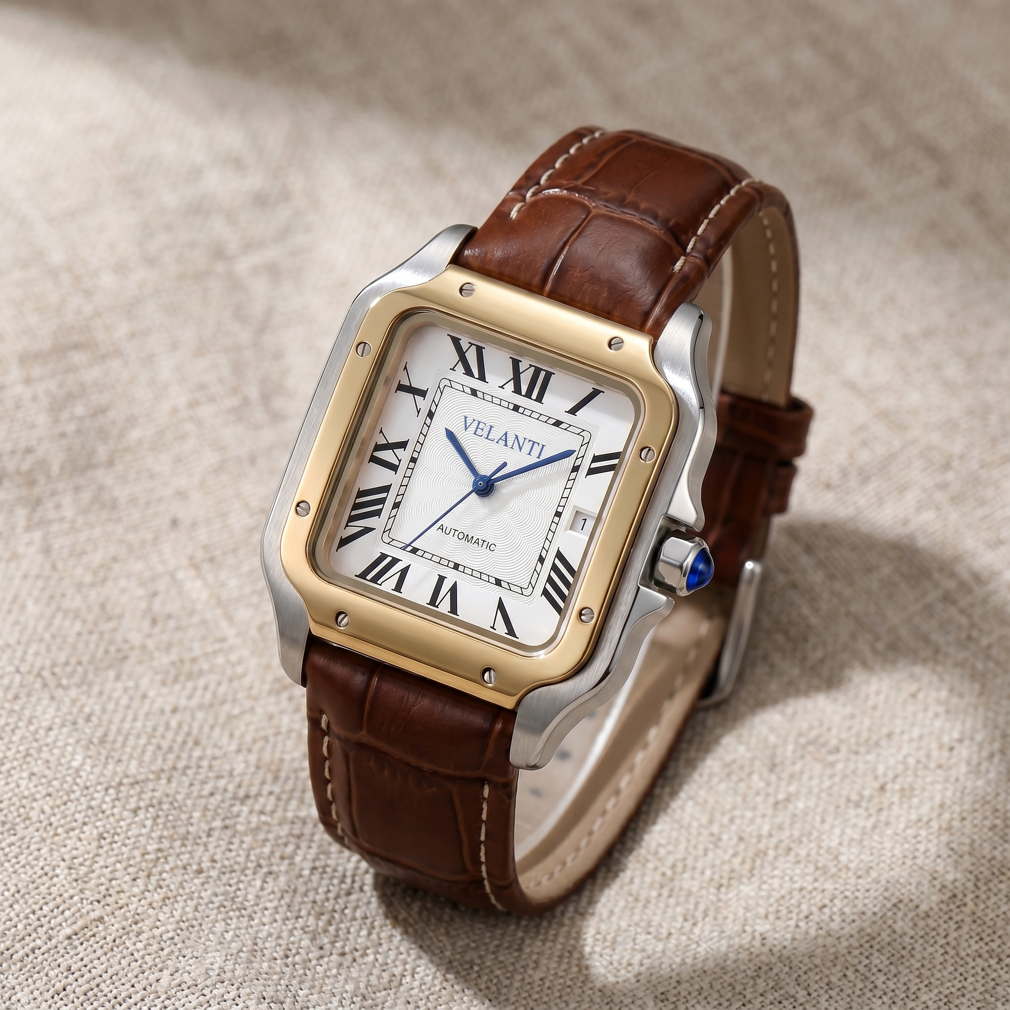 Santos-style automatic watch, Velanti Milano Santvel White Brown Leather, bracelet detail photo