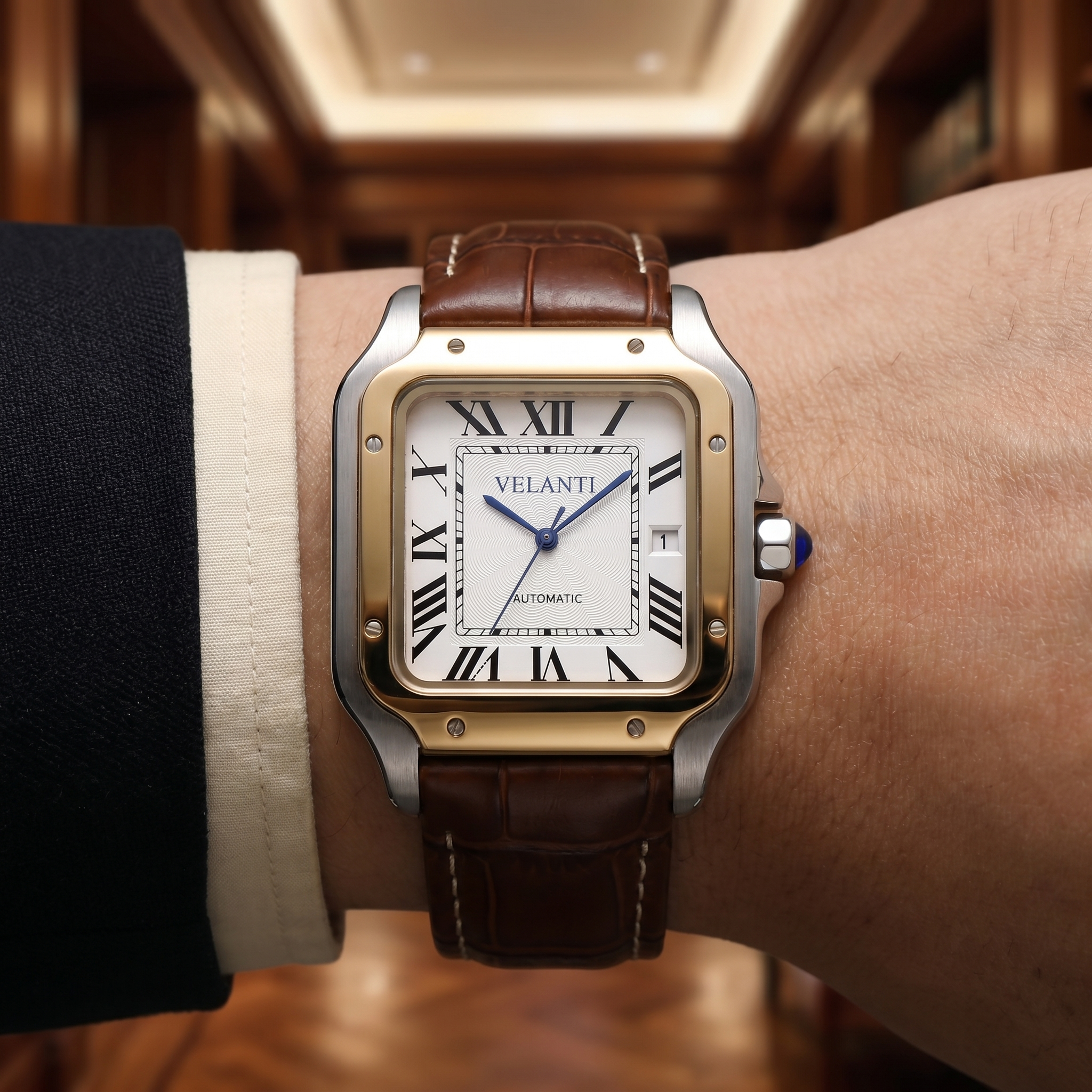 Santos-style automatic watch, Velanti Milano Santvel White Brown Leather, product photo 9