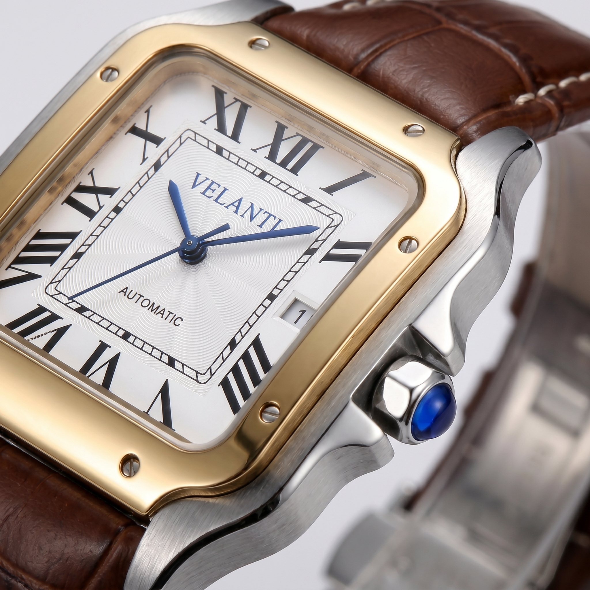 Santos-style automatic watch, Velanti Milano Santvel White Brown Leather, watch detail photo