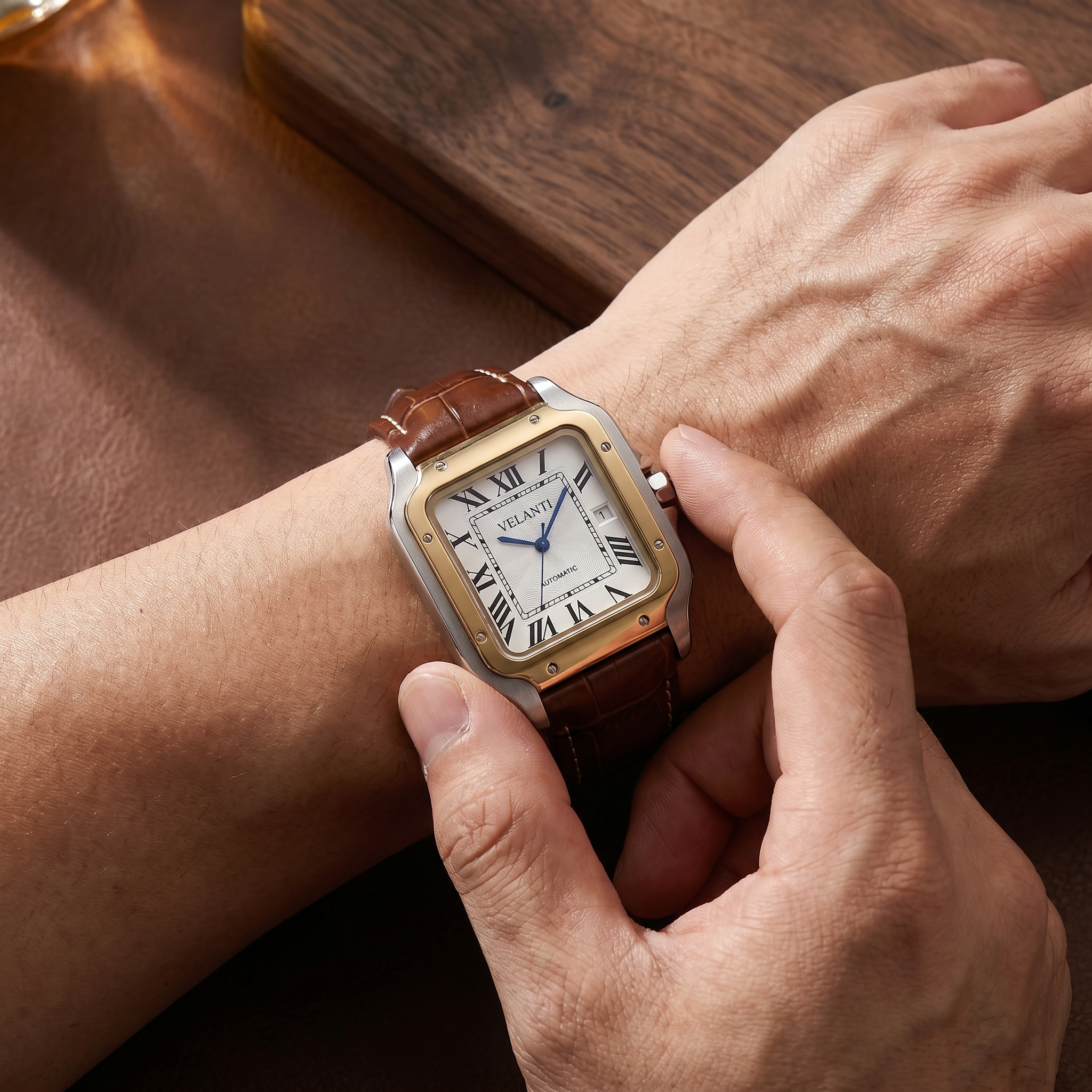 Santos-style automatic watch, Velanti Milano Santvel White Brown Leather worn on wrist photo 11