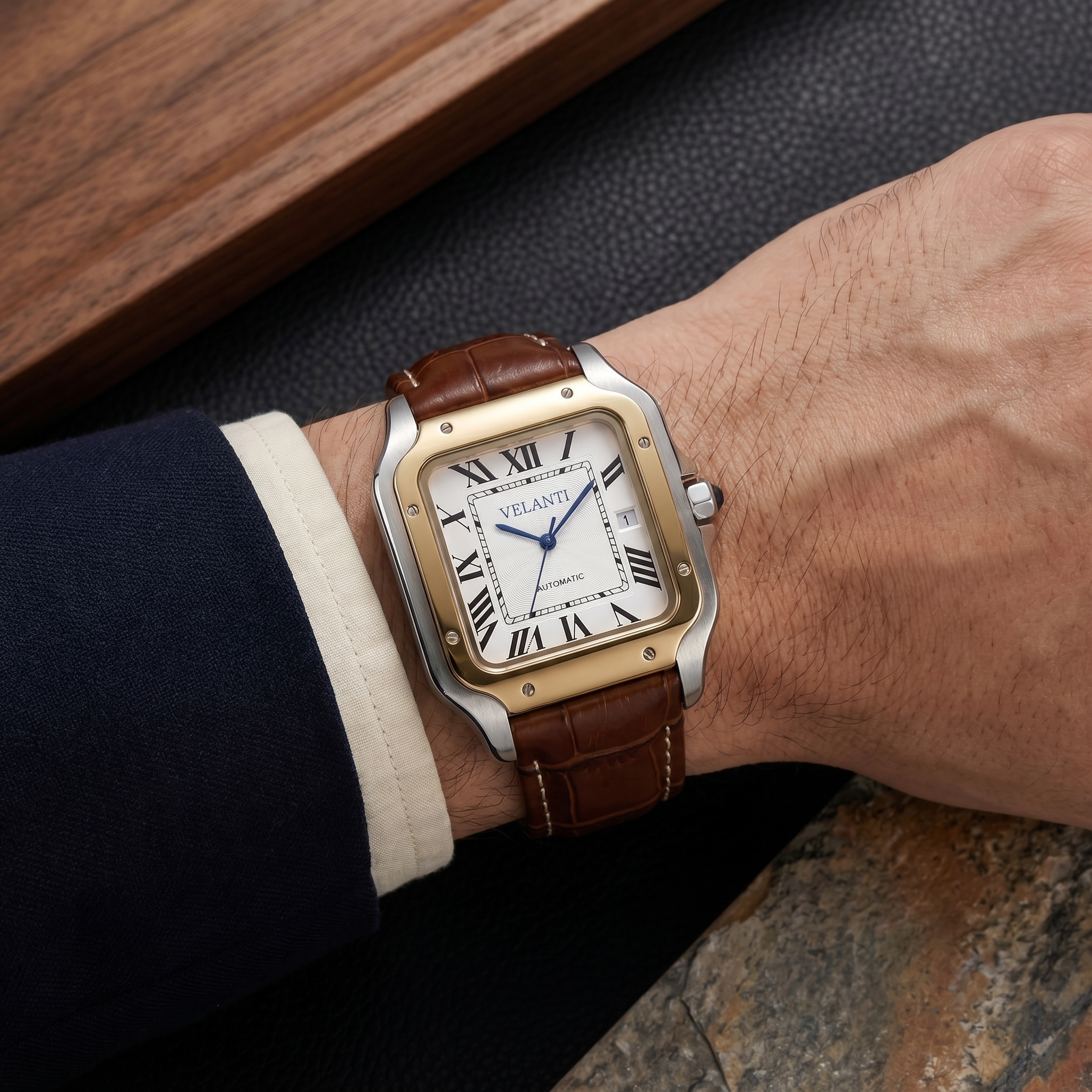 Santos-style automatic watch, Velanti Milano Santvel White Brown Leather worn on wrist photo 12