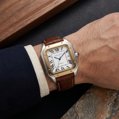 Santos-style automatic watch, Velanti Milano Santvel White Brown Leather, on-wrist photo