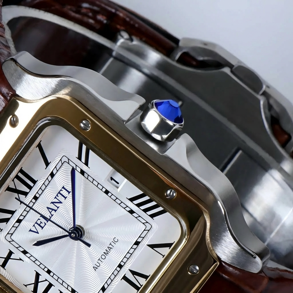 Santos-style automatic watch, Velanti Milano Santvel White Brown Leather, product photo 5