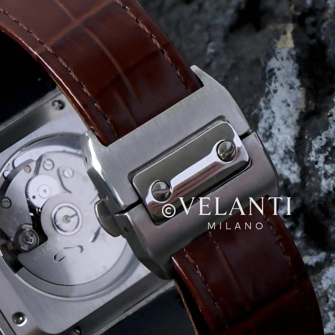 Santos-style automatic watch, Velanti Milano Santvel White Brown Leather, product photo 4
