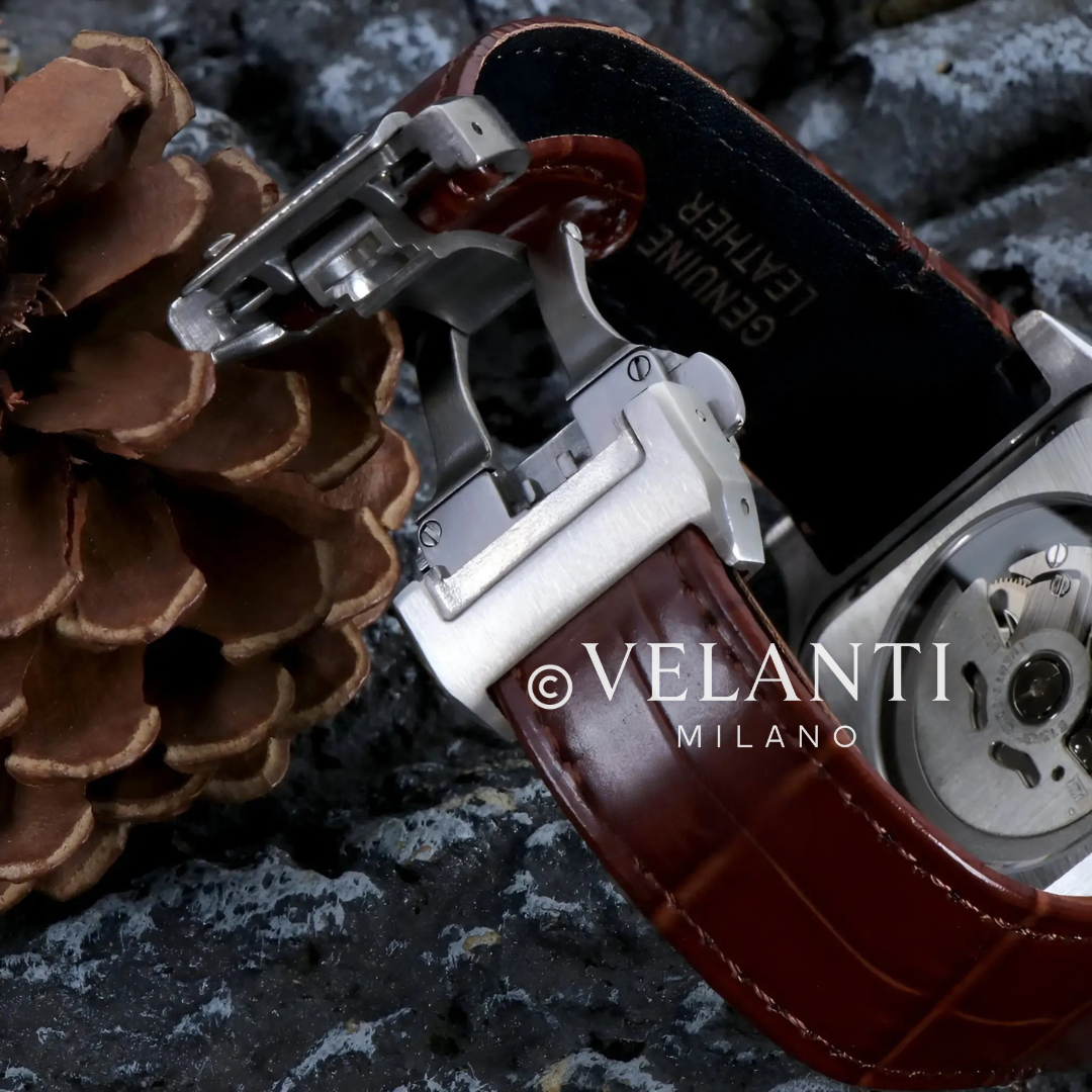 Santos-style automatic watch, Velanti Milano Santvel White Brown Leather, product photo 6