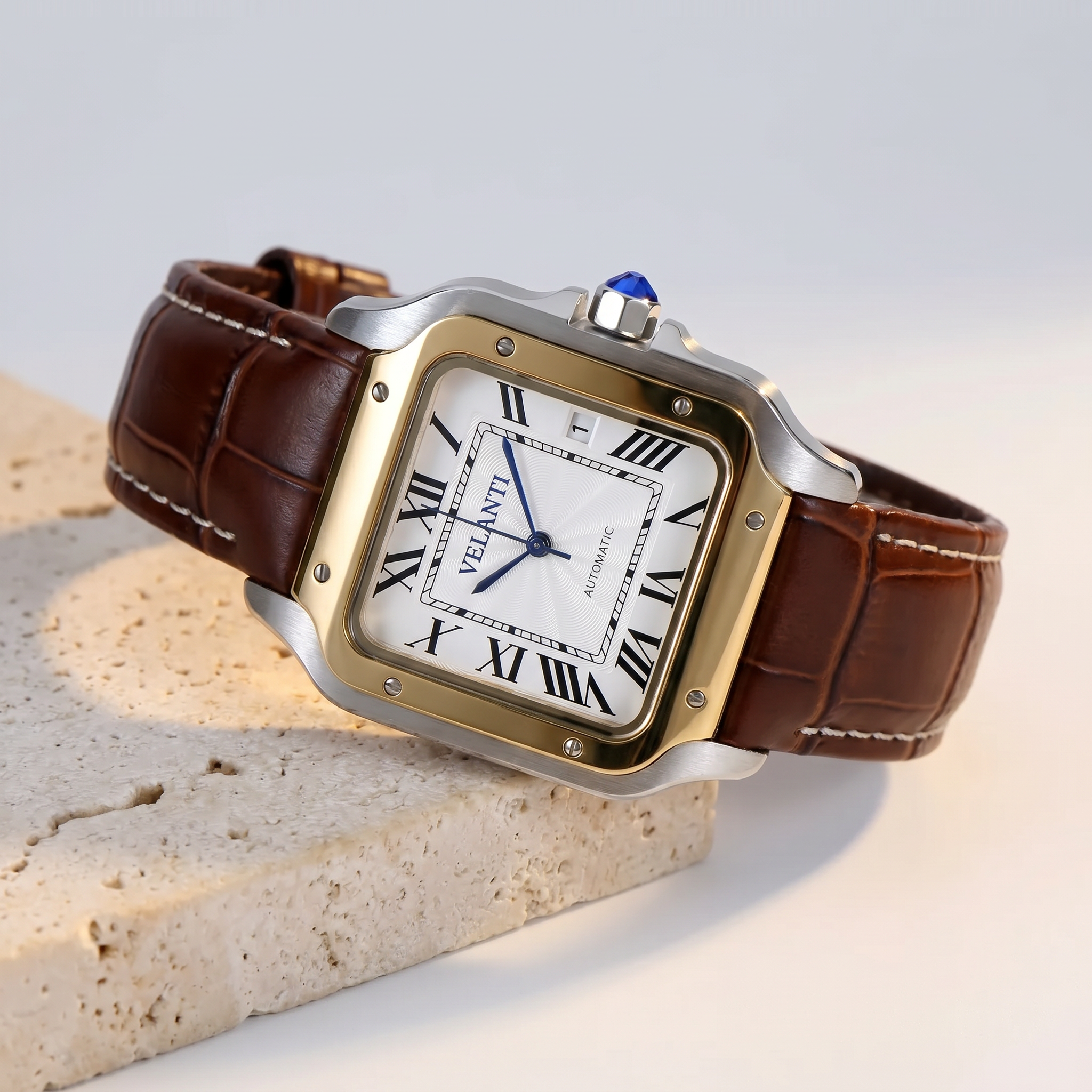 Santos-style automatic watch, Velanti Milano Santvel White Brown Leather, product photo 2