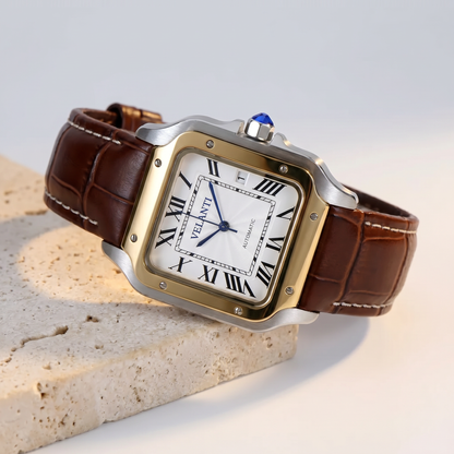 Santos-style automatic watch, Velanti Milano Santvel White Brown Leather, product photo 2